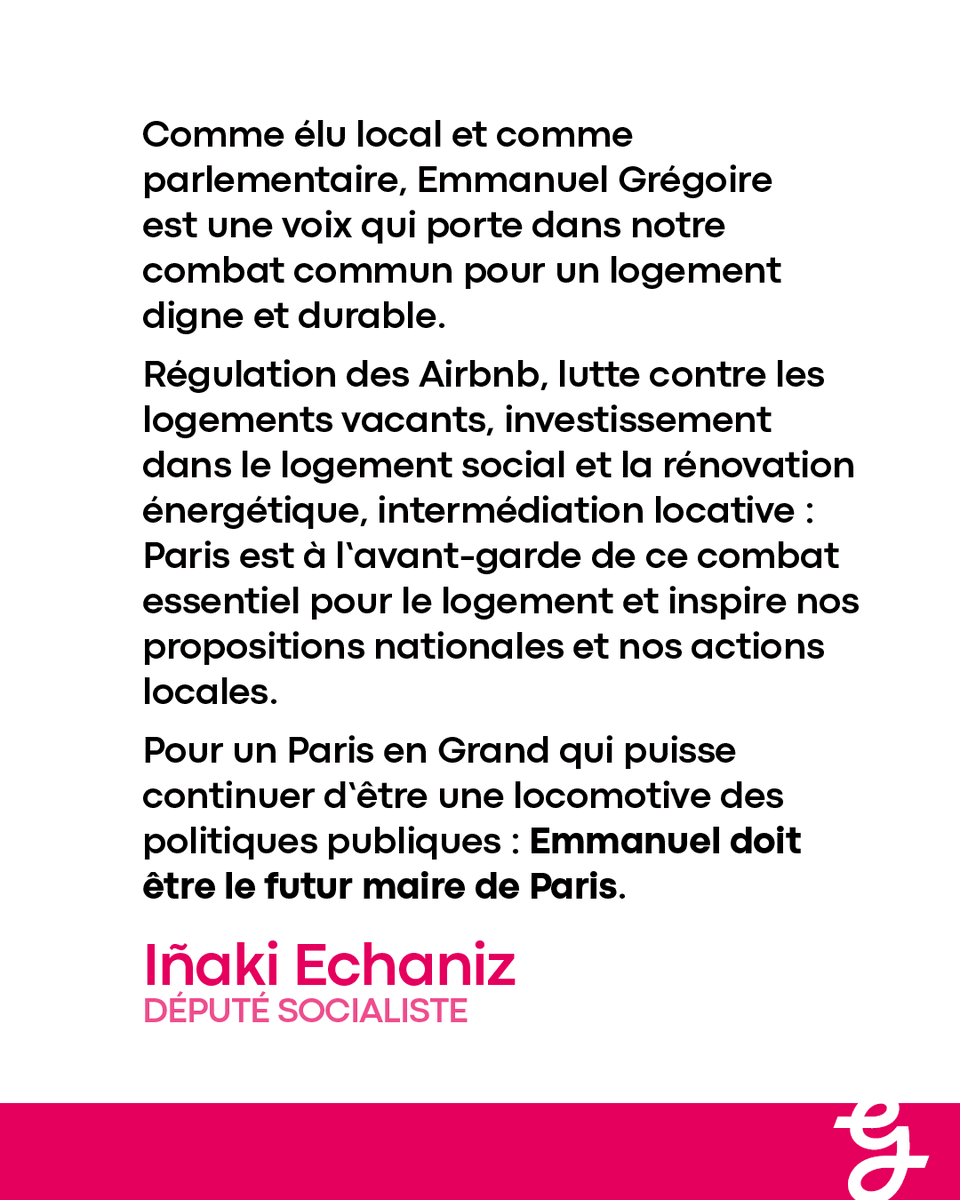« Comme élu local et comme parlementaire, Emmanuel Grégoire est une voix qui porte dans notre combat commun pour un logement digne et durable.

Régulation des Airbnb, lutte contre les logements vacants, investissement dans le logement social et la rénovation énergétique,