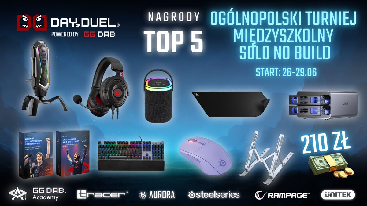 🏅 Piąte miejsce, ale nagrody jak u mistrza!
 W Ogólnopolskim Turnieju Międzyszkolnym nawet TOP 5 oznacza porządny zastrzyk gamingowego sprzętu i uznania! Sprawdź, co czeka na gracza z 5. miejsca:
TOP 5 zgarnia:

👉🏻 Kurs Premium GGDAB Academy: „Jak zostać streamerem lub pro