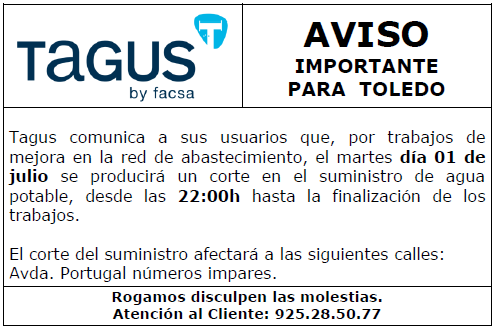 FACSA. Ciclo Integral del Agua (@facsa_es) on Twitter photo ⚠️ AVISO #Toledo: mañana 01/07, a partir de las 22:00 horas, se producirá un corte en el suministro de agua potable debido a trabajos de mejora en la red. Disculpen las molestias. #Tagus
<a href="/ToledoAyto/">Ayuntamiento de Toledo</a> ⚠️ AVISO #Toledo: mañana 01/07, a partir de las 22:00 horas, se producirá un corte en el suministro de agua potable debido a trabajos de mejora en la red. Disculpen las molestias. #Tagus
<a href="/ToledoAyto/">Ayuntamiento de Toledo</a>