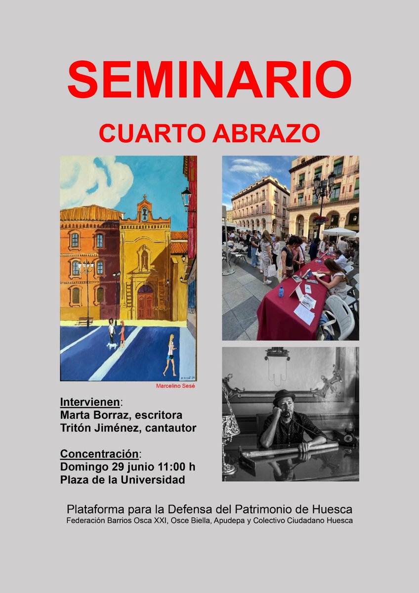 🗣️Cuarto Abrazo al Seminario de Huesca. 

‼️ Por delante, el reto de  la rehabilitación de todo el edificio protegido pero el ayuntamiento no responde. 

✅ Ven, pasado mañana, domingo 29,  a las 11 en la plaza de la Universidad. Es de tod@s. 

<a href="/PatrimonioOsca/">Plataforma de Defensa del Patrimonio de Huesca</a> 
<a href="/UnionPatrimonio/">Unión por el Patrimonio</a>