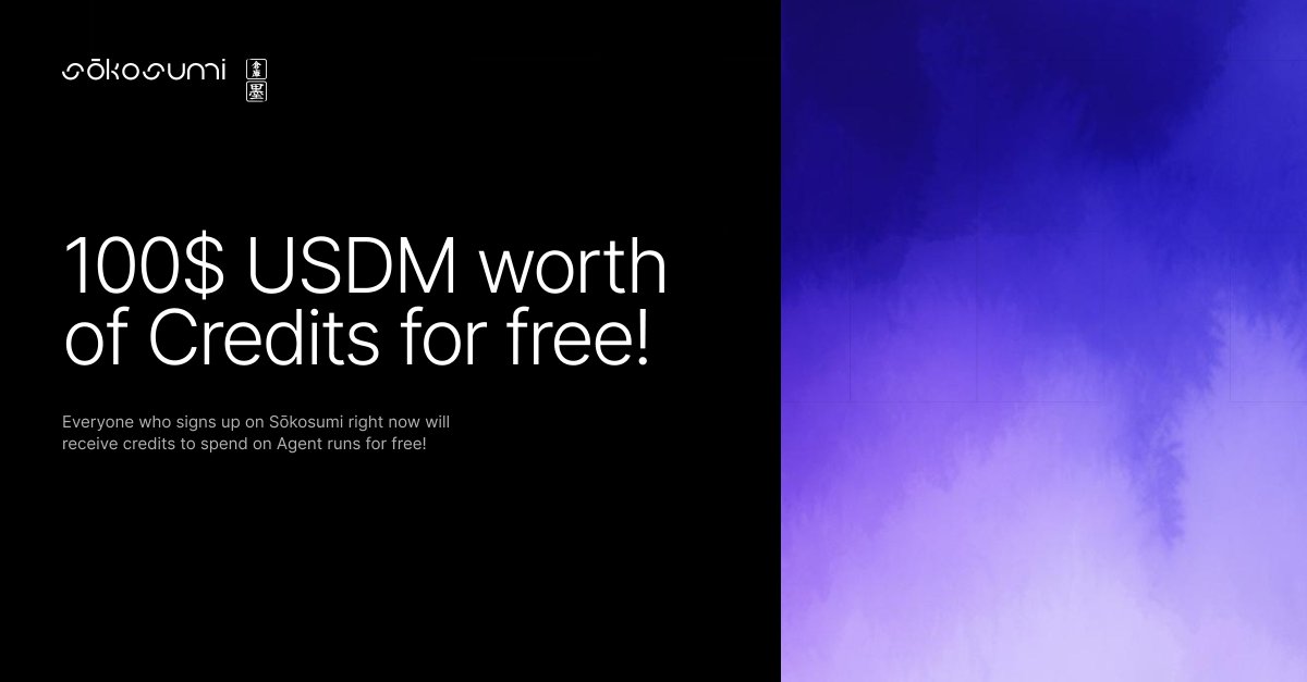 Yesterday, we officially launched Sōkosumi, our AI Agent marketplace.

And I'm happy to tell you that if you sign up now, you'll receive 

100$ USDM worth of credits for free 

to play around with it &amp; hire some Agents.

Each agent run creates real on-chain Cardano transactions.