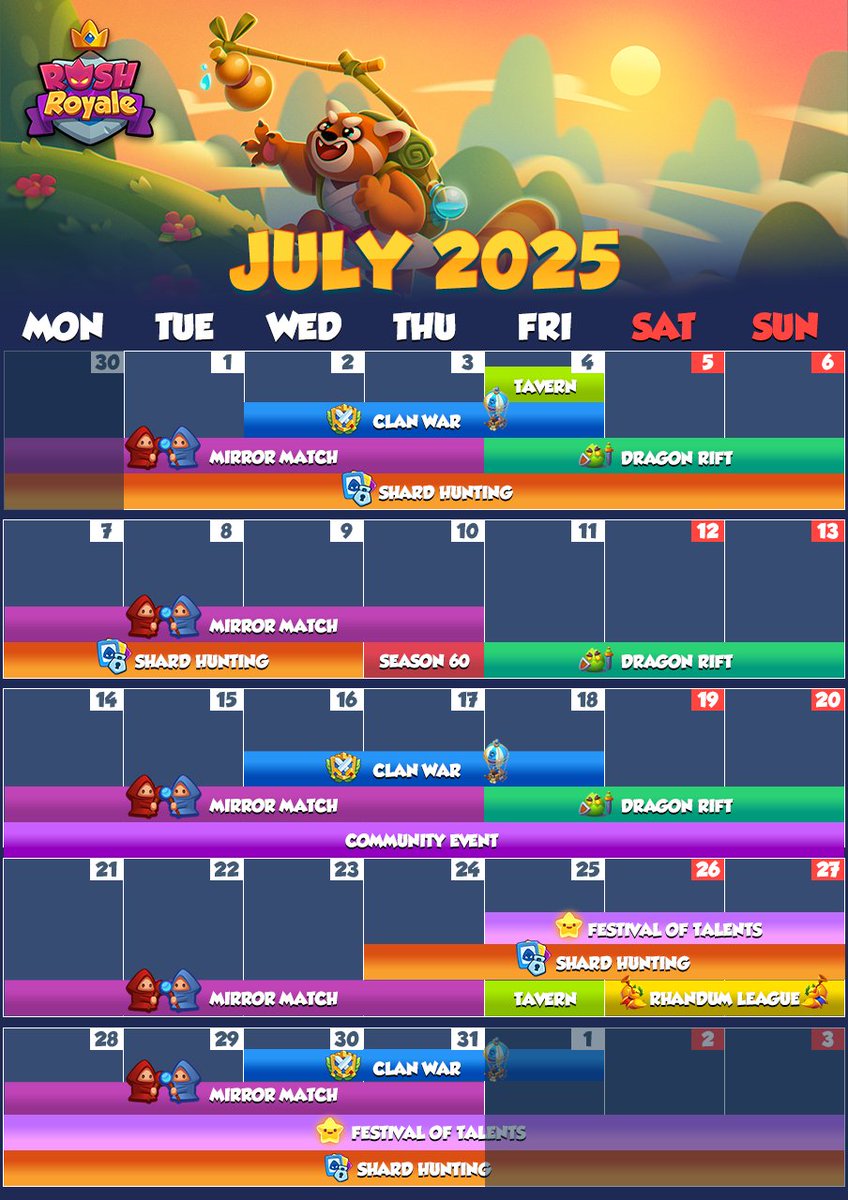 🤩 A new month in Rush Royale begins!

📅 More adventures, achievements and rewards are ahead! Plan your journey around the Isle of Rhandum with this month’s activity calendar 👀 

🎮 Play now! rush.my.games/download-game

#rushroyale