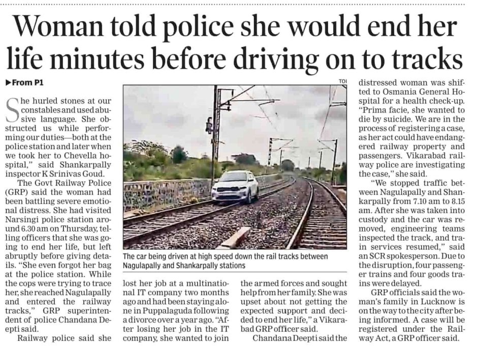 Benarasiyaa's tweet image. Story of the woman who drove her car on a railway track in Hyderabad. 

- From Lucknow, UP
- Divorced, had lost her job at an IT firm, was living alone. 
- Wanted to join Army. Was not getting support from family. 
- Went to police station. Told cops she is going to end her life.…