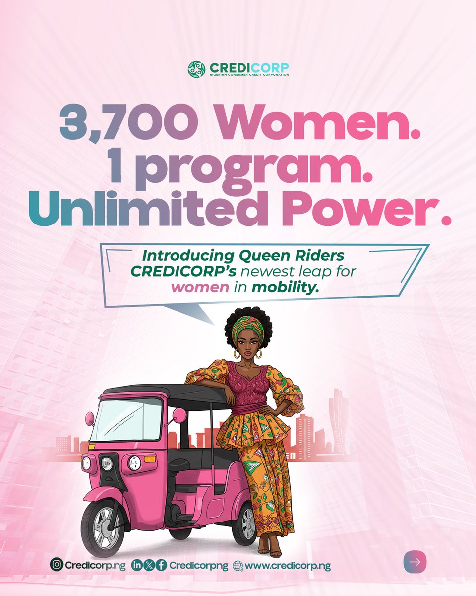 CrediCorpNG's tweet photo. 3,700 Women. One Nationwide Movement.

Earlier this week in Port Harcourt, CREDICORP officially launched the nationwide expansion of Queen Riders — a bold initiative putting credit-backed tricycles in the hands of 3,700 Nigerian women across all 36 states and the FCT.

Through our S.C.A.L.E. initiative, and in partnership with @TvsNigeria  , @GammaMobility  and @AccionMfb  , these women now ride with more than wheels: they ride with credit, confidence, and control over their income.

This is what economic inclusion looks like at scale.

#CREDICORP #Economicinclusion #Livebetternow #Womeninmotion #Queenriders