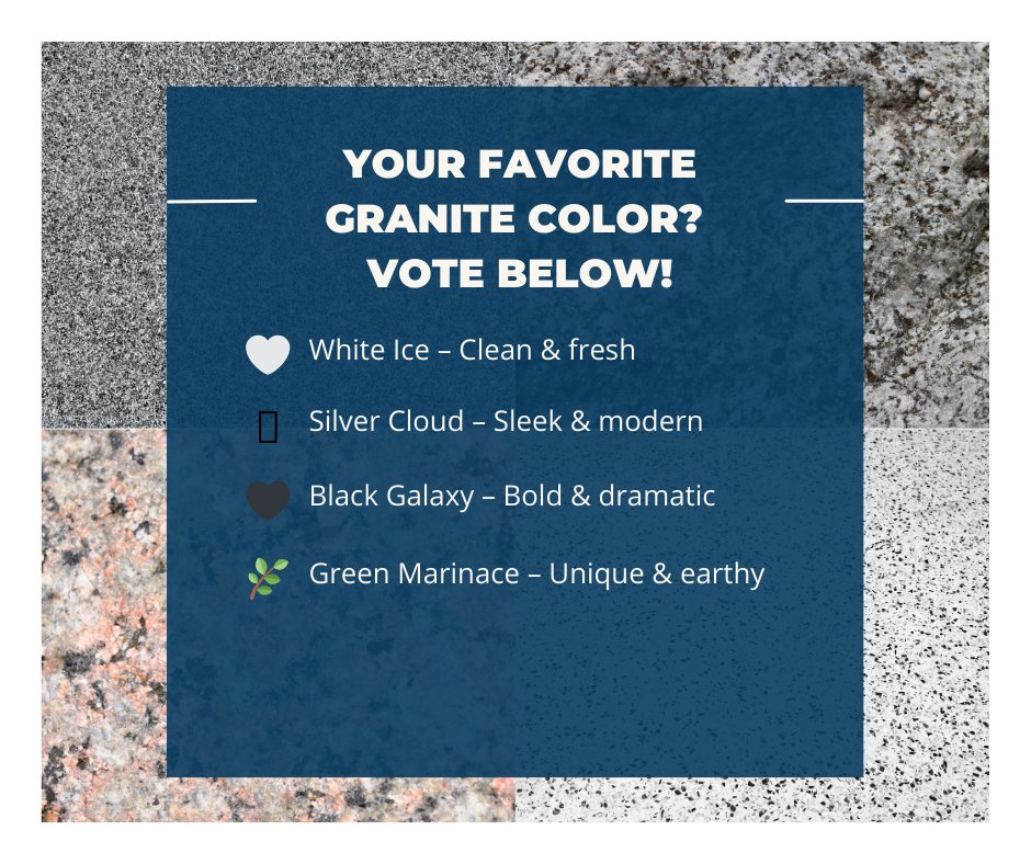 NewView_Marble's tweet image. 🏡💎 Vote for your dream kitchen countertop! 🖤🤍 Which granite color do you love? New View Marble &amp;amp; Granite in Franklin offers countertop installation. Visit newviewgranite.com! 

#NewViewMarbleGranite #FranklinLiving #GraniteGoals