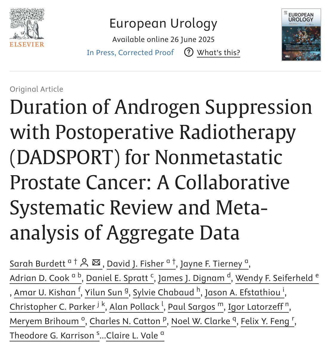 Duration of Androgen Suppression with Postoperative Radiotherapy (DADSPORT) for Nonmetastatic Prostate Cancer: A Collaborative Systematic Review and Meta-analysis of Aggregate Data

sciencedirect.com/science/articl…

This systematic review and meta-analysis by the DADSPORT Collaboration