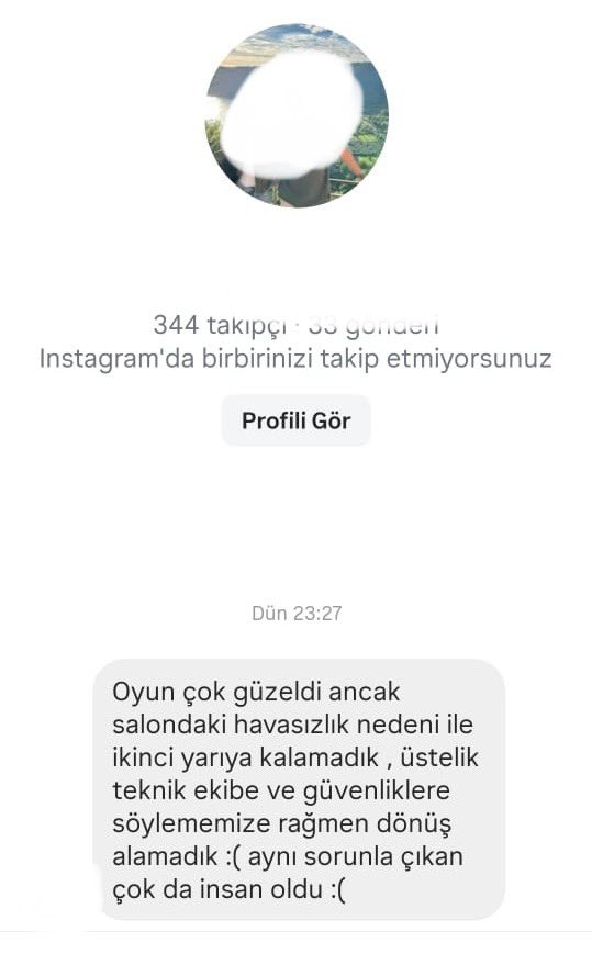 Aşağıdaki görsel 26 Haziran’da Ankara’da yenimahalle belediyesine ait nazım hikmet KM’de oynadığımız şirreti evcilleştirmek oyununu izlemiş bir seyircimizin şikayetine ait.  Kira 144 bin tl kdv içinde, personelin mesaisi 22.30'da bittiği için, oyunun süresi  bu saati geçti diye