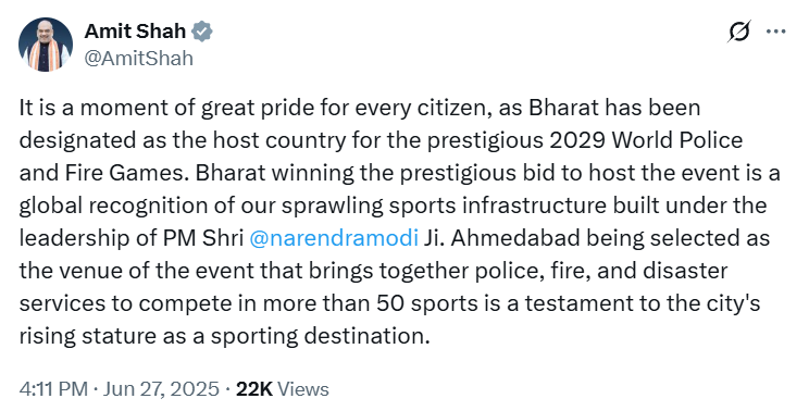 TajinderSTS's tweet photo. Union Home Minister @AmitShah ji shares, "It is a moment of great pride for every citizen, as Bharat has been designated as the host country for the prestigious 2029 World Police and Fire Games." https://t.co/9kBMtxL1ve