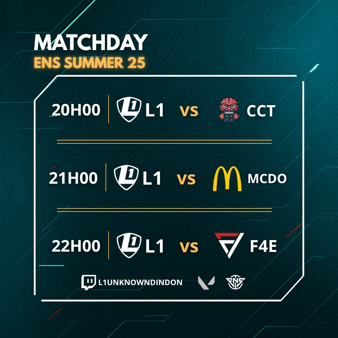 DÉBUT DU TOURNOI – <a href="/Enisorail/">Enisorail</a>  Summer 25
On entre en scène aujourd’hui pour ce Tournoi !
Premier objectif : sortir une grosse phase de groupes.
Nos matchs du soir :
🕗 20h ➡️ L1 vs CCT
🕘 21h ➡️ L1 vs MCDO
🕙 22h ➡️ L1 vs F4E
Rendez-vous ce soir, prêts à tout donner !
#VALORANT