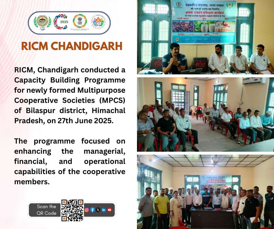 ricmchd's tweet photo. RICM, Chandigarh conducted a Capacity Building Programme for newly formed Multipurpose Cooperative Societies (MPCS) of Bilaspur district, Himachal Pradesh, on 27th June 2025.
#CapacityBuilding
 #CooperativeDevelopment
 #MPCS
 #BilaspurHimachal
 #EmpoweringCooperatives https://t.co/tF1DWFaNt8