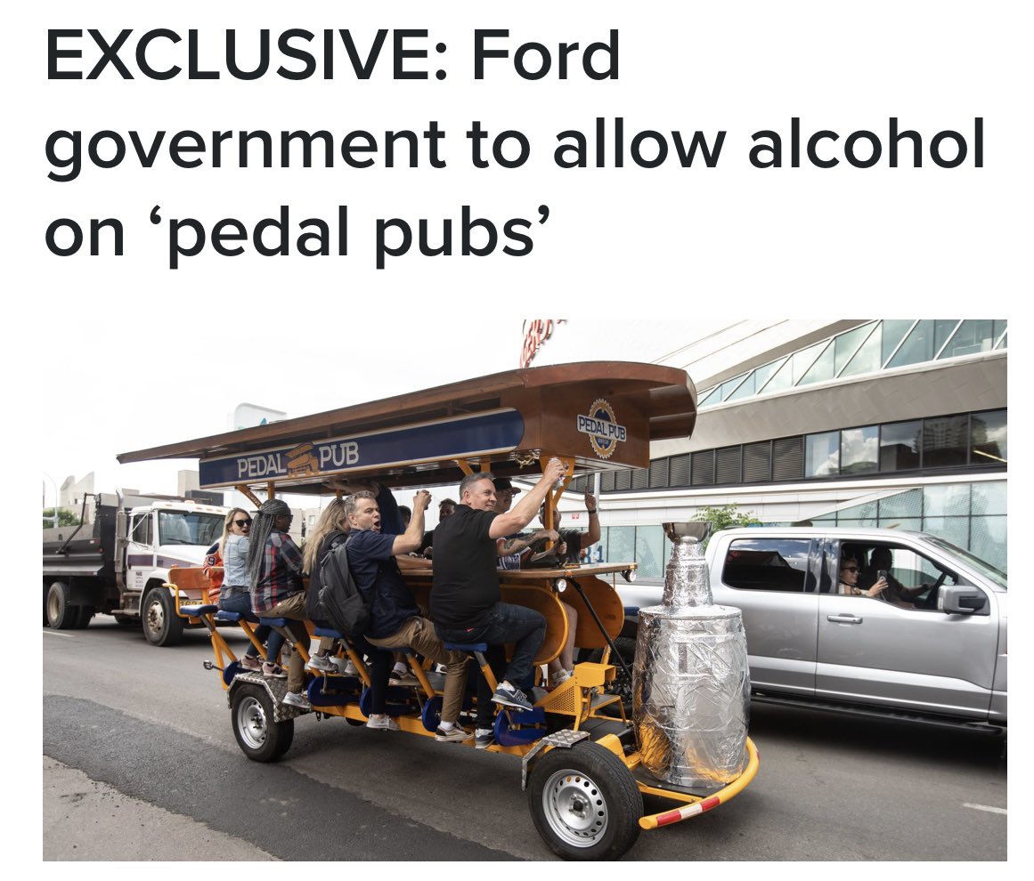 Doug Ford allows alcohol on “pedal pubs”. Turns out he does care about cyclists, so long as they’re drunk.