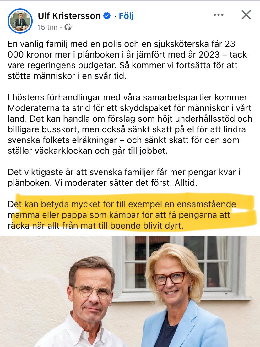 Otroligt magstarkt av Ulf Kristersson att skriva så här - bara dagar innan han försämrar stödet till ensamstående föräldrar och gör det dyrare att hämta ut mediciner för vanligt folk.