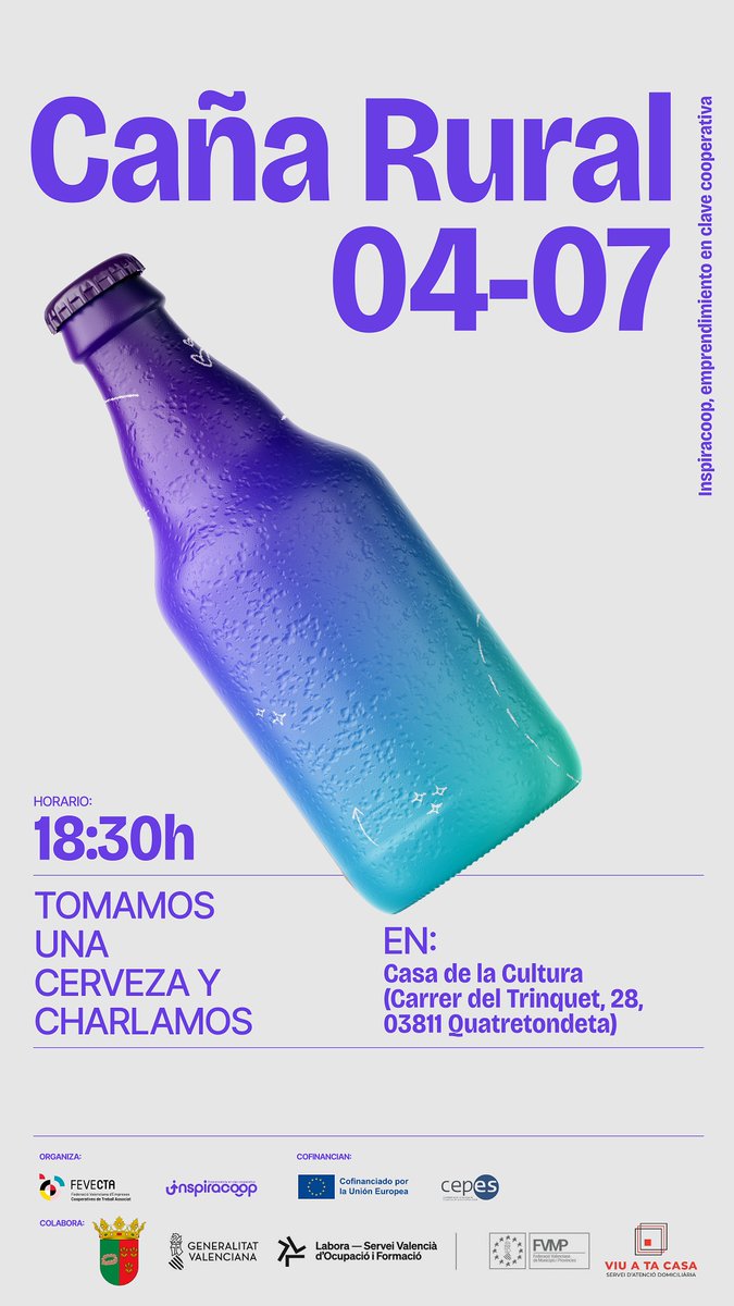 🎯La próxima semana celebramos 3 eventos #Inspiracoop sobre emprendimiento

📍 Castellón
 🗓 3/7 | 16 h
 🔗 goo.su/2ha1wzy

📍 Alzira
 🗓 4/7 | 9 h
 🔗 goo.su/Hl1D43

📍 Quatretondeta
 🗓 4/7 | 18.30 h
 🔗 goo.su/cJuHLIu

Cofinancia FSE+ y <a href="/CEPES2/">CEPES</a>