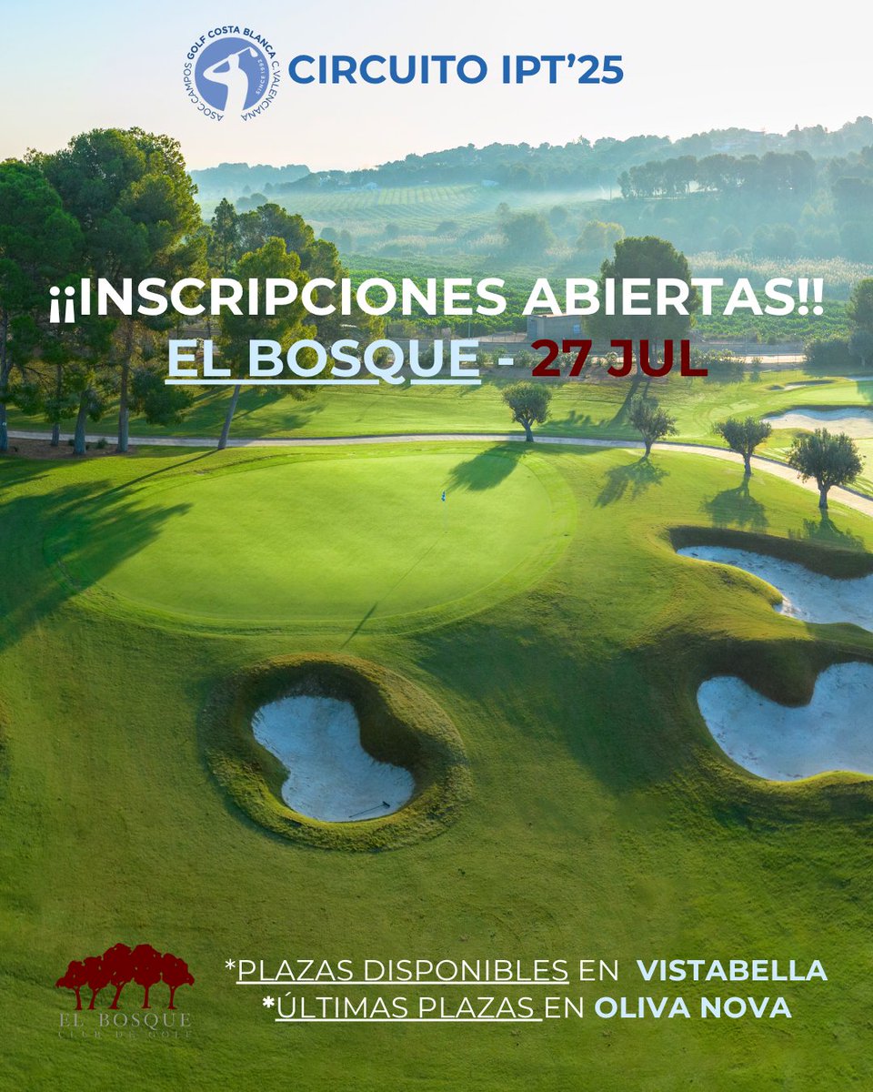 acgcb's tweet image. ¡¡INSCRIPCIONES ABIERTAS 12ª prueba del Circuito IPT!!: 📍@clubdegolfelbosque 📆 27 julio

⛳🏌️‍♀️Pruebas con inscripciones abiertas:
*Últimas plazas &amp;gt; 📆 5 julio - @olivanovaresort
*Plazas disponibles &amp;gt; 📆 12 julio - @vistabellagolfcourse