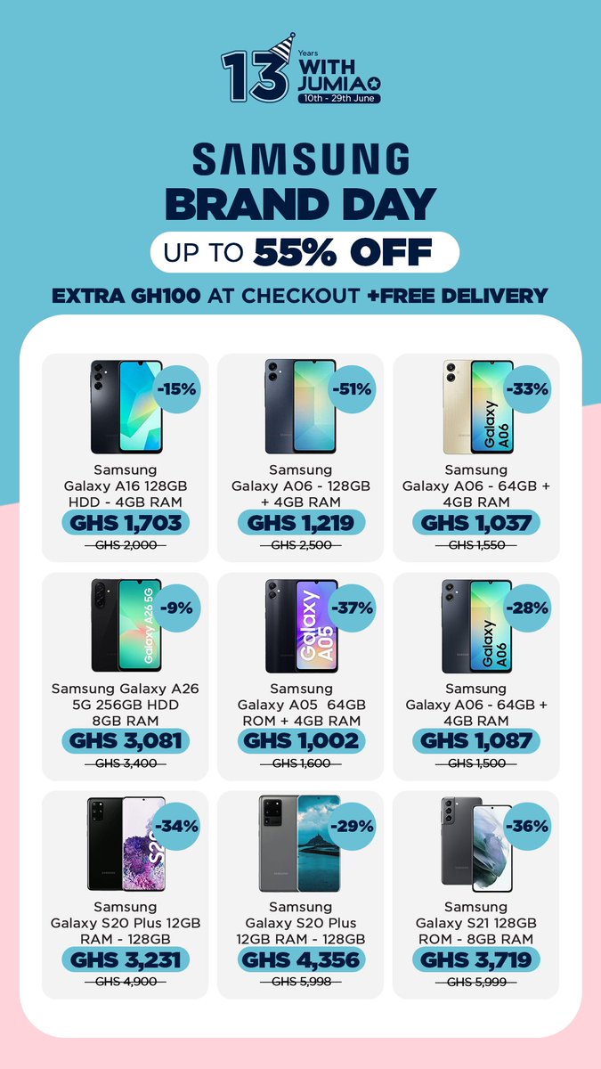 Samsung Brand Day Just Got Hotter! 

Get up to 55% OFF + an extra GH₵100 OFF at checkout – and yes, FREE delivery too! 

From the Galaxy A05 to the mighty S21 – the deals are UNREAL! 

Shop here 👉 bit.ly/3I2AsB0

#Jumia13 #SamsungBrandDay #JumiaAnniversary