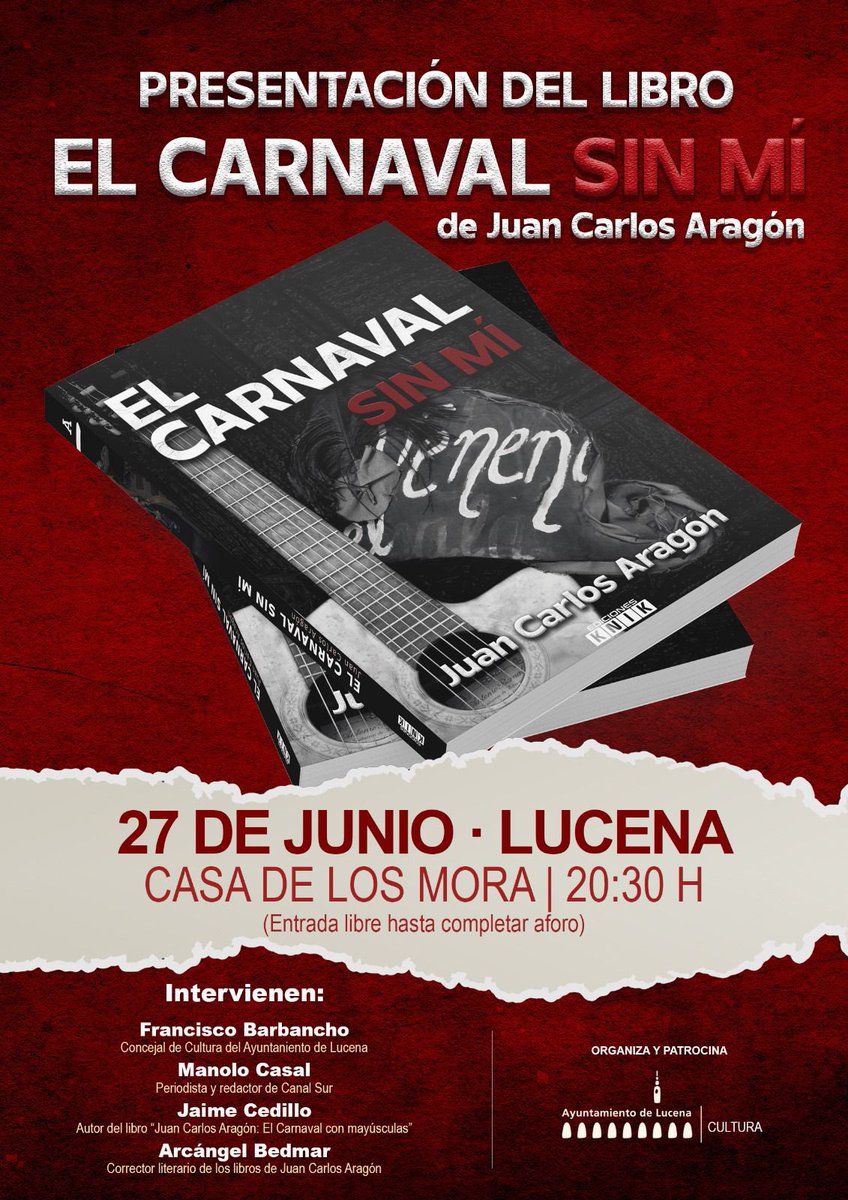 Jaime Cedillo (@jaimecedillomar) on Twitter photo Esta noche será un placer estar en Lucena (Córdoba) charlando con <a href="/arcangelbedmar/">Arcángel Bedmar</a> y <a href="/mjcasal_man/">Manolo Casal</a> sobre el libro póstumo de Juan Carlos Aragón.
Un ensayo extraordinario, tan incómodo como sus repertorios de carnaval, cuajado de reflexiones profundas y frases brillantes. Vente! Esta noche será un placer estar en Lucena (Córdoba) charlando con <a href="/arcangelbedmar/">Arcángel Bedmar</a> y <a href="/mjcasal_man/">Manolo Casal</a> sobre el libro póstumo de Juan Carlos Aragón.
Un ensayo extraordinario, tan incómodo como sus repertorios de carnaval, cuajado de reflexiones profundas y frases brillantes. Vente!