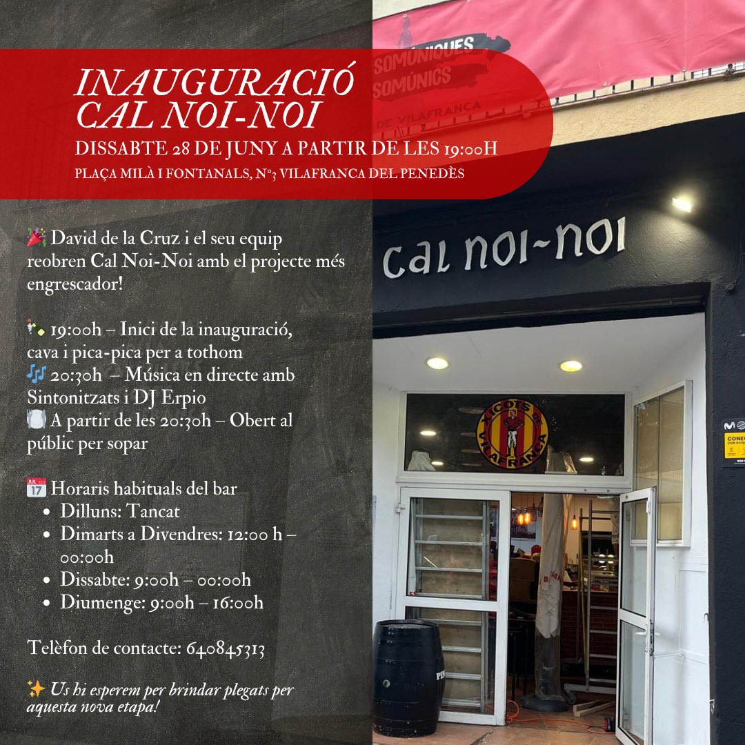 Xicots's tweet photo. 🎉 INAUGURACIÓ A CAL NOINOI! 🎉
A partir d'aquesta nit, tindrem servei de bar a Cal Noi-Noi, però ens espera una inauguració d'allò més🔝

David de la Cruz i el seu equip reobren Cal Noi-Noi amb el projecte més engrescador!
Us esperem per celebrar-ho plegats i plegades! 🥂 https://t.co/75UEjF0FrH
