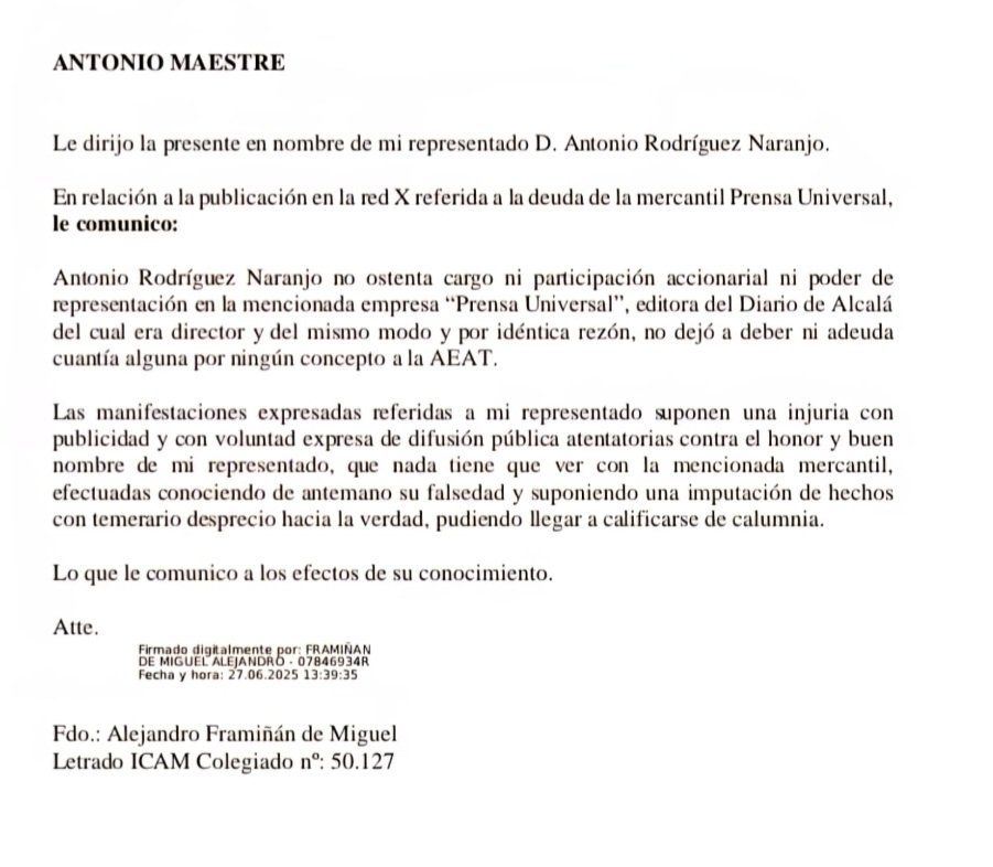 <a href="/AntonioMaestre/">AntonioMaestre</a> Mi respuesta a tu intento de difamación y al de cualquiera que lo repita. No debo un euro a nadie y pago todos mis impuestos. La recibirás por conducto oficial. Ya está bien  de mentir contra periodistas mientras te has dedicado a proteger a  investigados por corrupción.