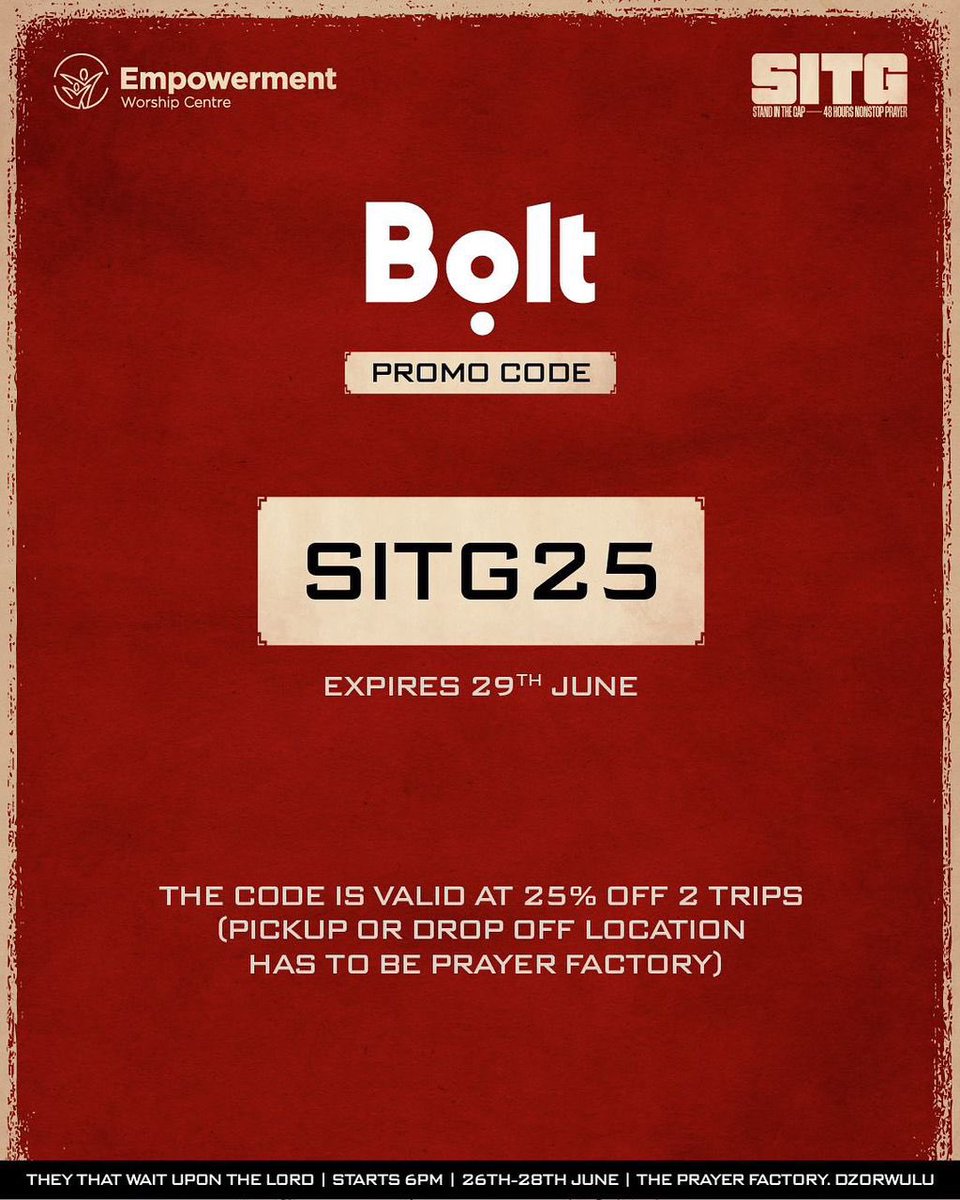 EXCITING NEWS! Your commute to the EWC Prayer Factory just got easier! 

We’re pleased to announce that @bolt_ghana is our OFFICIAL RIDE-HAILING APP for STAND IN THE GAP again ! 

Get 25% off for 2 rides each day using the promo code: SITG25