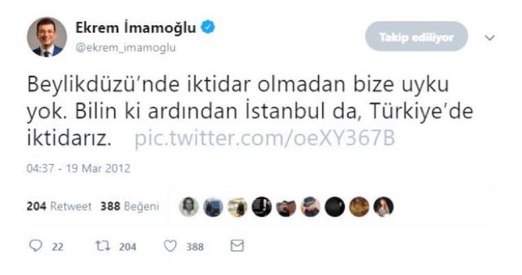 Cumhurbaşkanı adayımız Ekrem İmamoğlu iktidar olacağımızı işaret ettiği bu tweeti 19 MART 2012’de atmış.

Kendisi 19 MART 2025’te gözaltına alındı ve tutuklandı. 

Bu manidar tesadüfün altında yatan mesaj bellidir. 

“İktidara heveslenen kendini Silivri’de bulur” deniliyor.