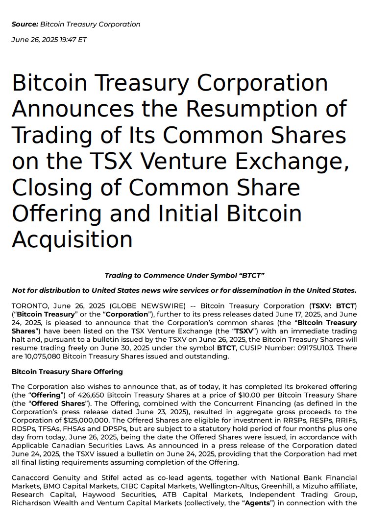 ⚡️NEWS: Bitcoin Treasury Corp has acquired 292 $BTC worth $31.6M after  completing a $125M share offering. It will begin trading as $BTCT on the  TSX Venture Exchange on June 30, officially launching