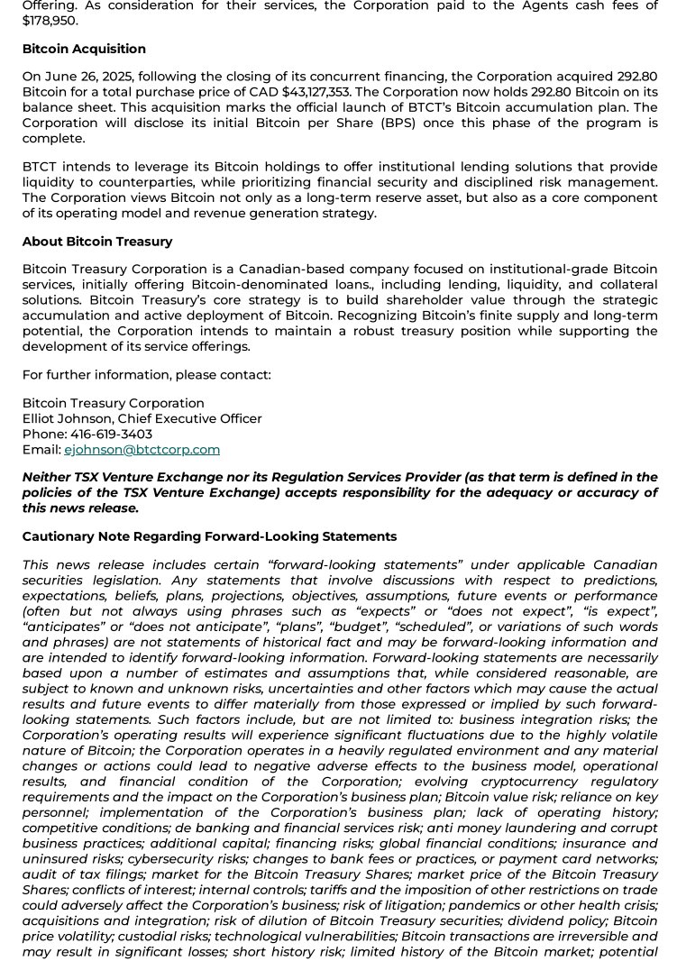 ⚡️NEWS: Bitcoin Treasury Corp has acquired 292 $BTC worth $31.6M after  completing a $125M share offering. It will begin trading as $BTCT on the  TSX Venture Exchange on June 30, officially launching