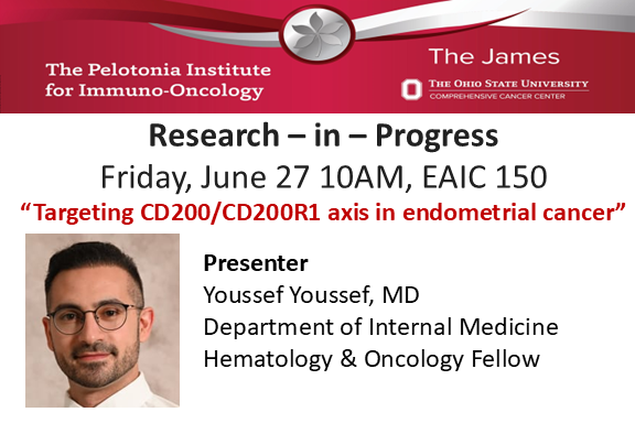 OhioStatePIIO's tweet image. 🧪 Join us for Today’s PIIO Research-in-Progress Seminar 🔬
🎯 "Targeting CD200/CD200R1 Axis in Endometrial Cancer"
by Youssef Youssef, MD, HemOnc Fellow
📍EAIC 150, 10AM