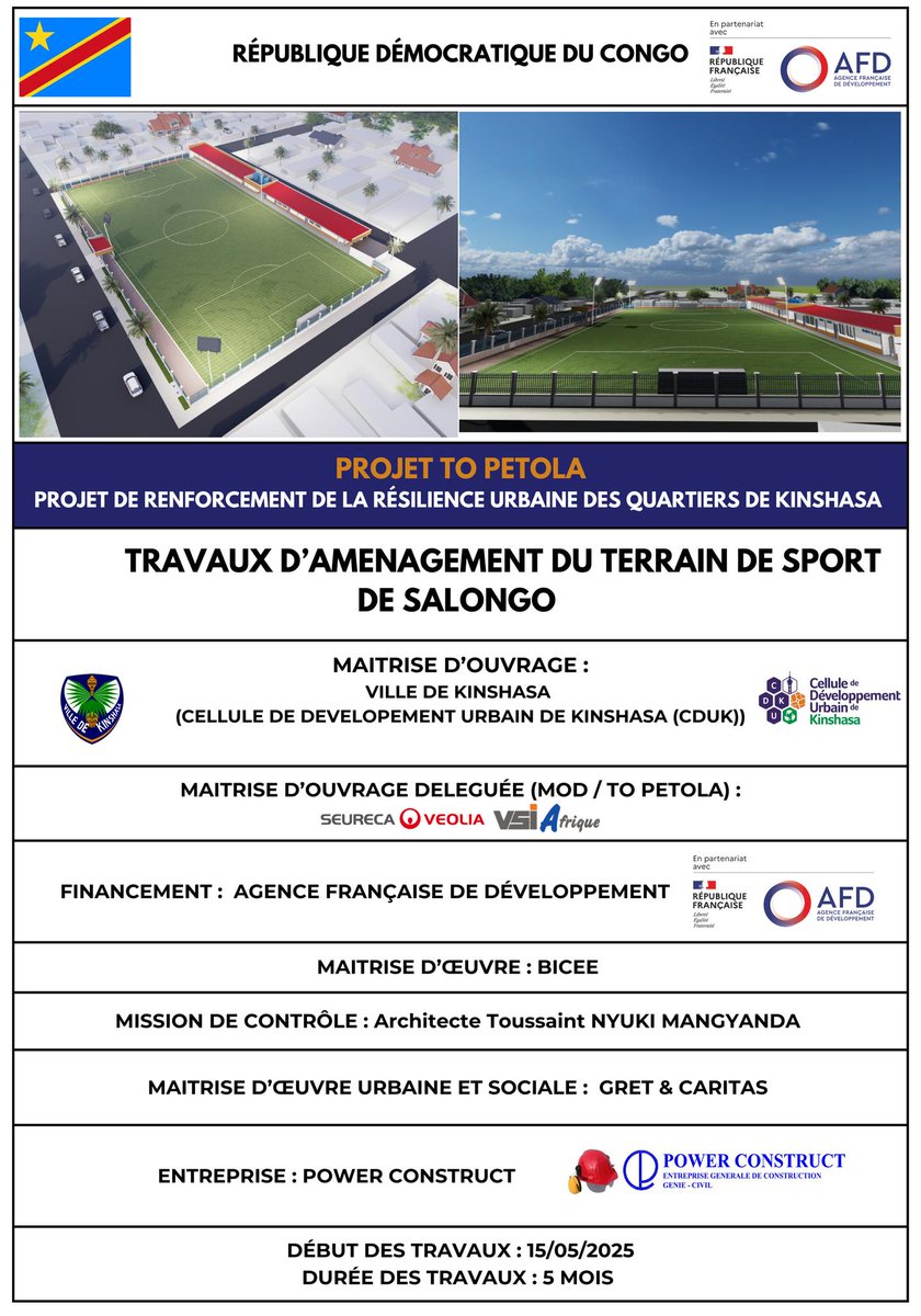 TPetola's tweet photo. Projet de Renforcement de la Résilience des quartiers urbains de Kinshasa (To Petola).
L'aménagement du terrain de sport de salongo a pour but de décomplexé les jeunes talents ainsi que de promouvoir les équipes locales en leurs offrant et leurs garantissant un terrain.. https://t.co/CuaTqhnPoS