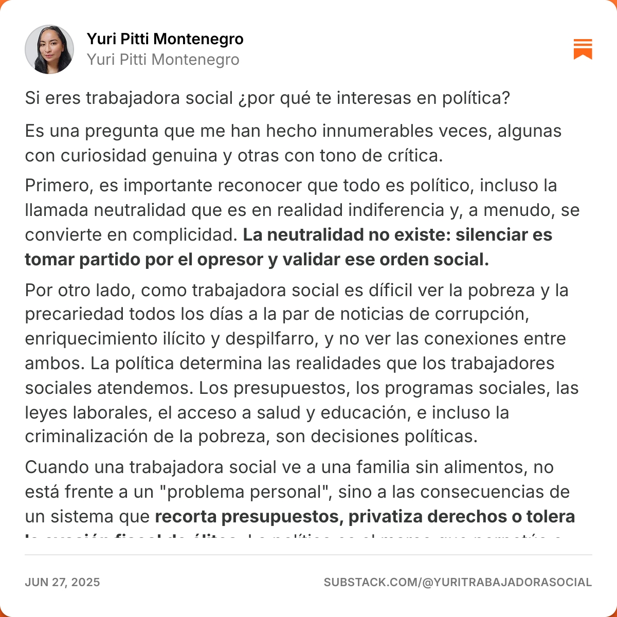 yuripittim's tweet image. Si eres trabajadora social ¿por qué te interesas en política?
Porque soy trabajadora social me intereso en política, y tú también deberías. 
Mi nota de Substack para esta semana substack.com/profile/344487…