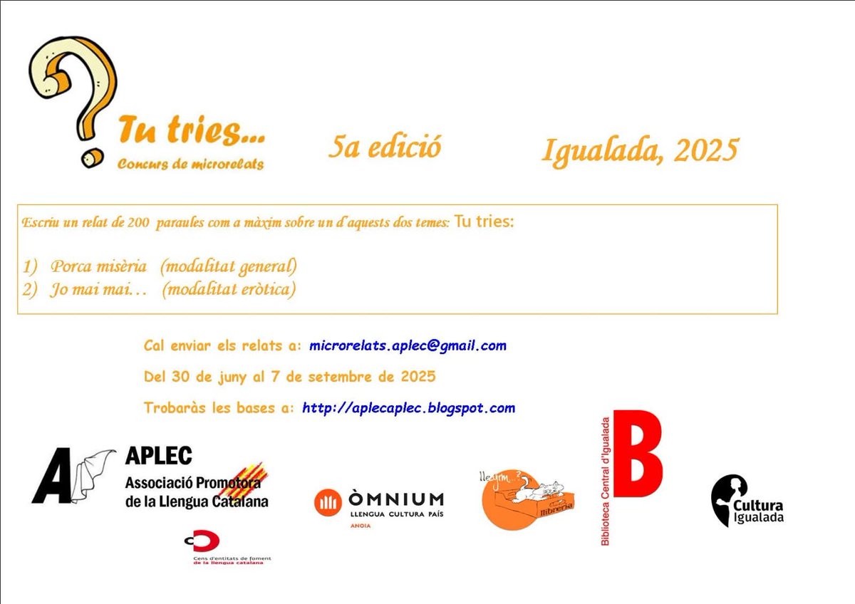 Ja tenim a punt una nova edició del concurs de microrelats Tu tries. Trobareu les bases completes de l'activitat al nostre blog: aplecaplec.blogspot.com/p/tu-tries-con…. Esperem les vostres creacions!
