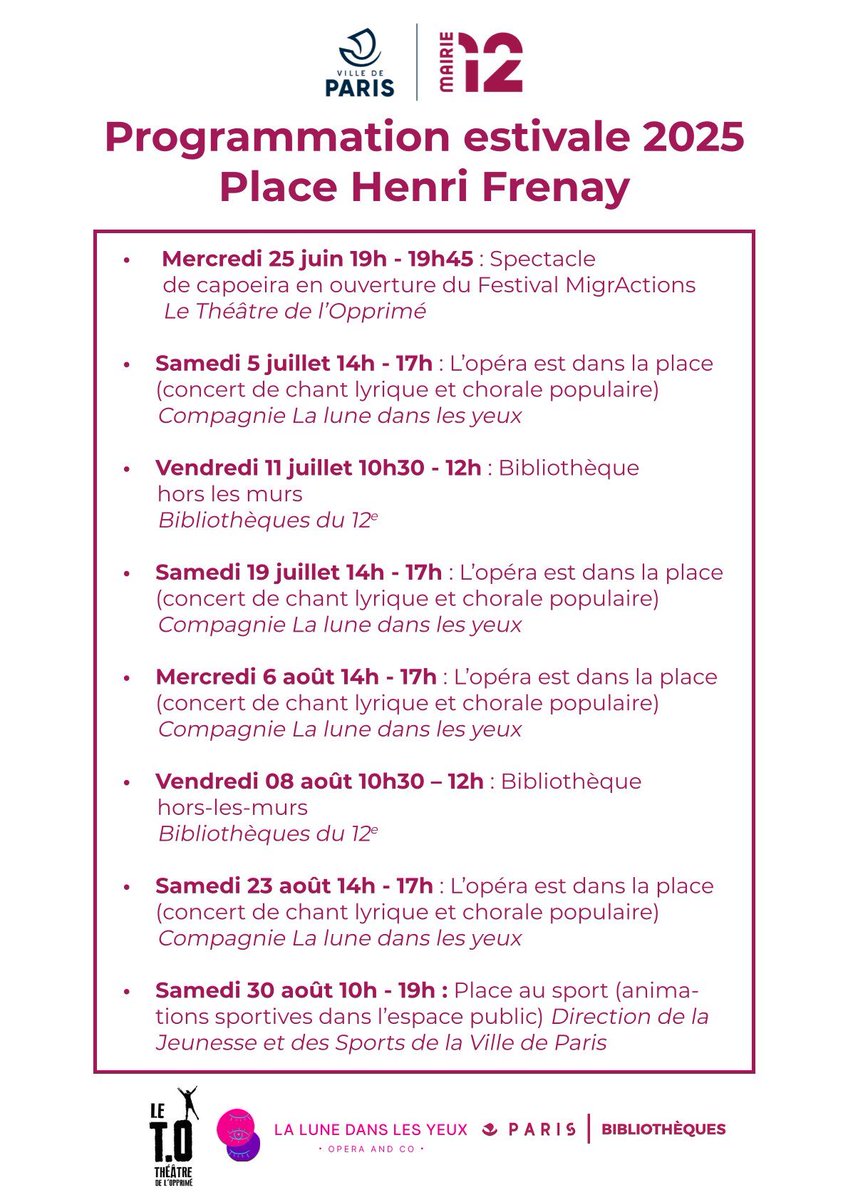 À #Paris12, des sorties en famille pendant l'été !

🏖️ Le programme estival sur la place Henri Frenay au cœur du quartier Aligre Gare de Lyon ⤵️