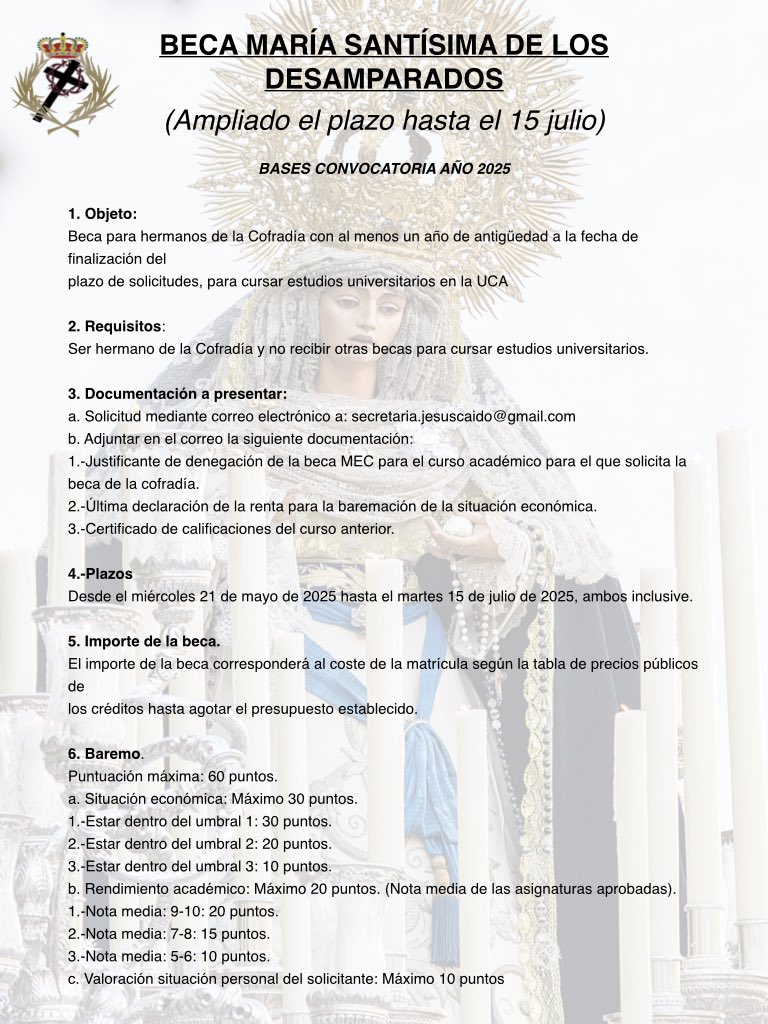 BECA MARÍA SANTÍSIMA DE LOS DESAMPARADOS 

Se amplía el plazo de solicitudes.