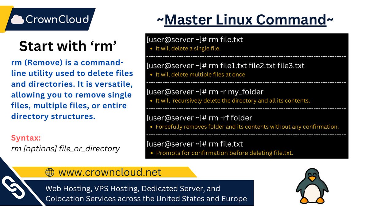 crownclouds's tweet image. Linux Command: rm 

Remove files &amp;amp; directories with precision. From clearing clutter to managing system storage, rm gives you full control over what stays and what goes - just use it with care

#LinuxCommand #rmCommand #CommandLineTools #FileManagement #TerminalSkills #OpenSource