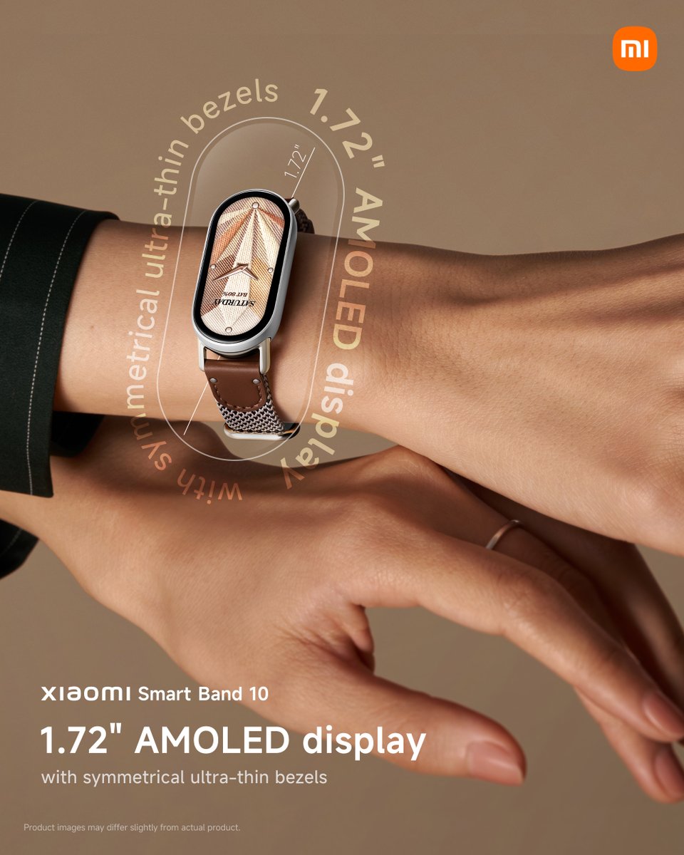 Xiaomi's tweet photo. 1.72" AMOLED display with ultra-thin, symmetrical bezels.

It’s not just a screen, it’s the centerpiece. It's Xiaomi Smart Band 10.

Learn more: https://t.co/EBa5pTqahg https://t.co/9mtj7TvPIe