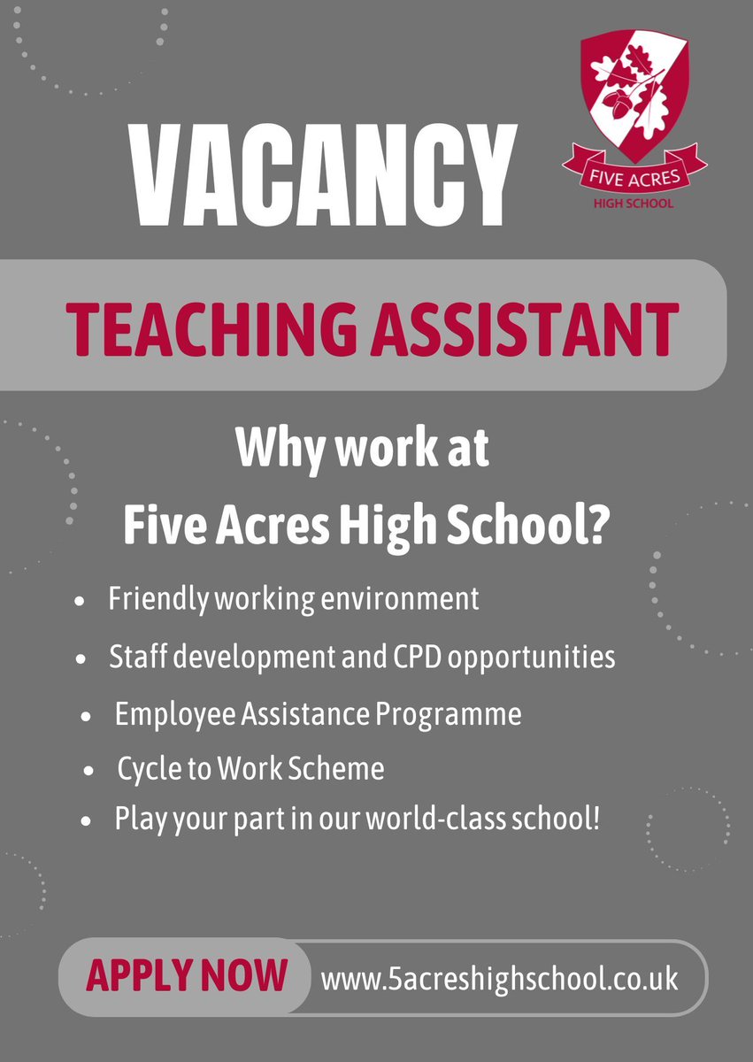 We have two exciting opportunities to join our Teaching Assistant team - 1 2-year fixed term role to include first aid support - buff.ly/El9xm58, and 1 full time TA position - buff.ly/1gAKOAo. For further details and to apply, please follow the links.