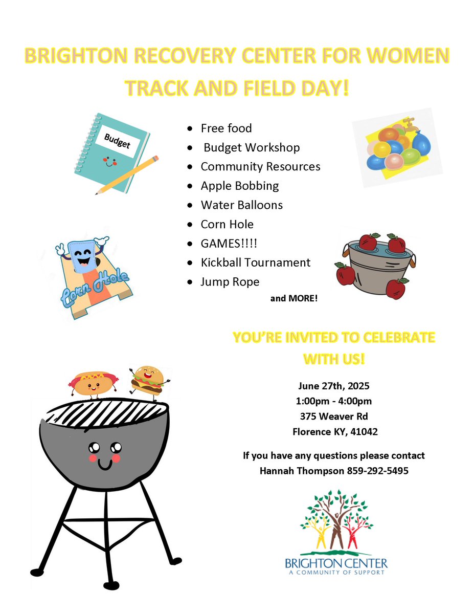 🎉 Feature Friday: Join Brighton Recovery Center for Women for Track and Field Day! 📍 375 Weaver Rd, Florence, KY. Questions? Call Hannah at 859-292-5495. #BrightonRecovery #CommunityCelebration #TrackAndFieldDay #FamilyFun #ResourceBuilding #FeatureFriday