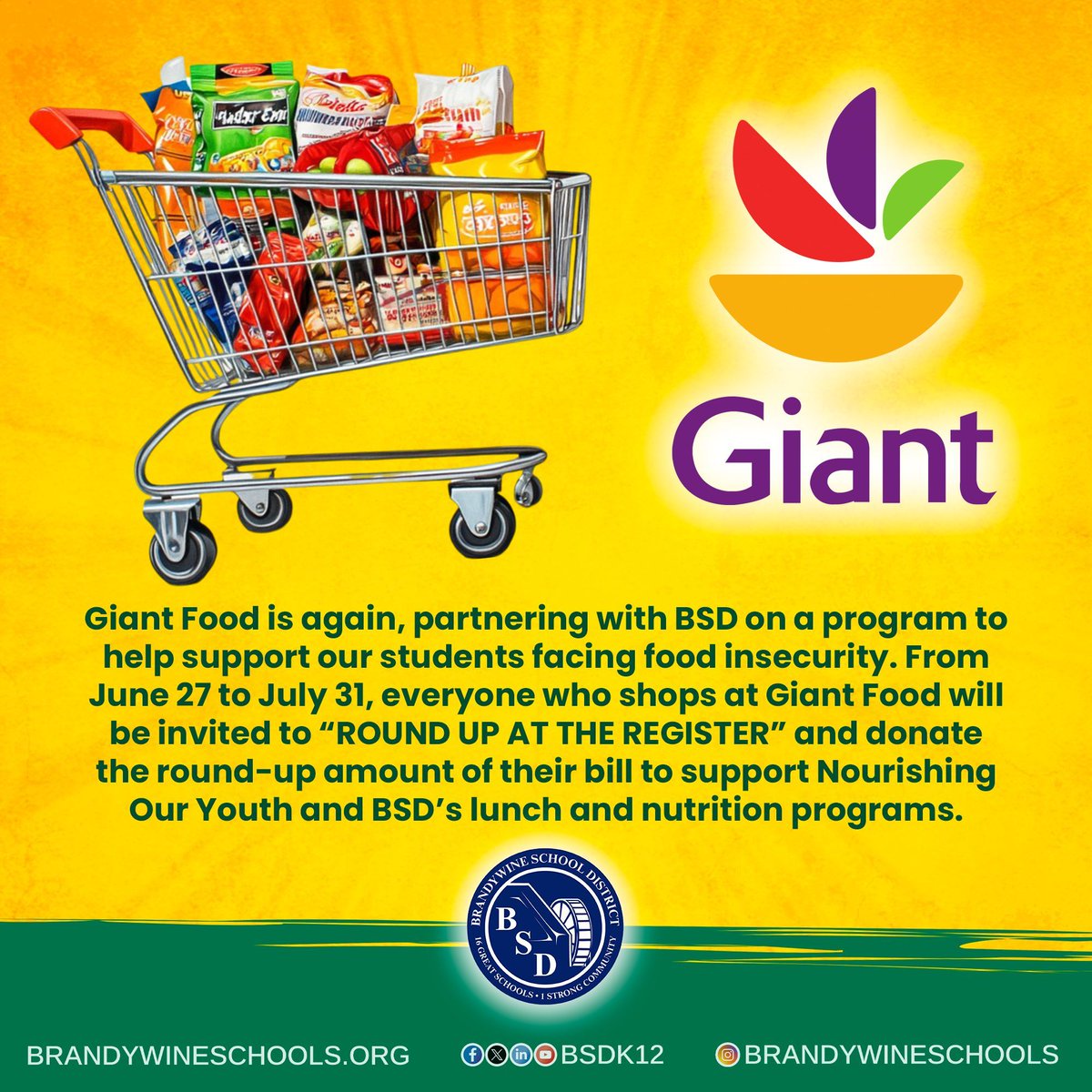 Giant Food is partnering with BSD to tackle food insecurity! From June 27–July 31, “ROUND UP AT THE REGISTER” to support Nourishing Our Youth &amp; BSD lunch programs. Every penny counts!
