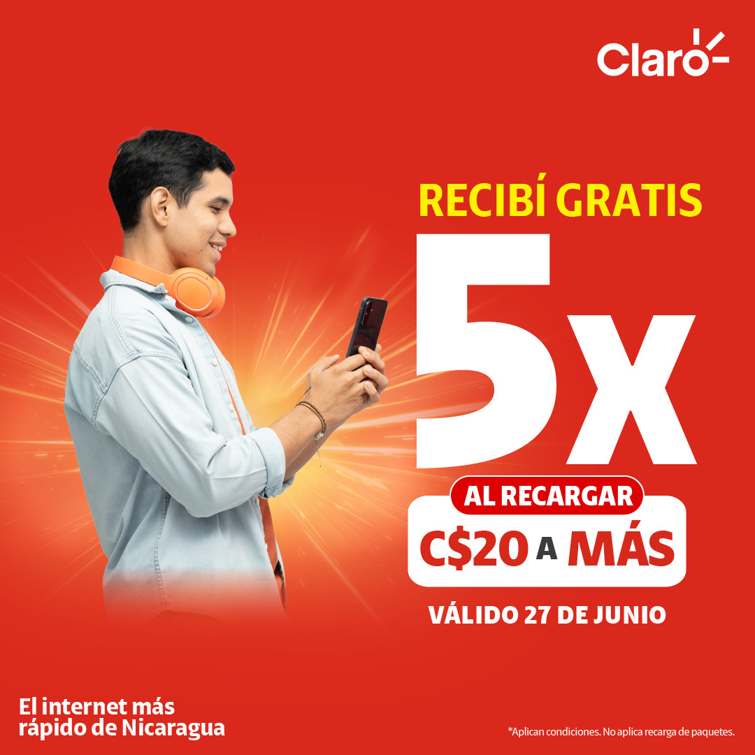 ClaroNicaragua's tweet photo. 🎊 ¡El finde empieza con más saldo! Recargá desde C$20 👉 https://t.co/V4j4MFuvZw y recibí 5 veces más. ¡Conectate con todo este fin de semana y no te quedés sin hablar! 📞💬
#ConectateConClaro #ClaroPrepago https://t.co/mhiI7EGONf