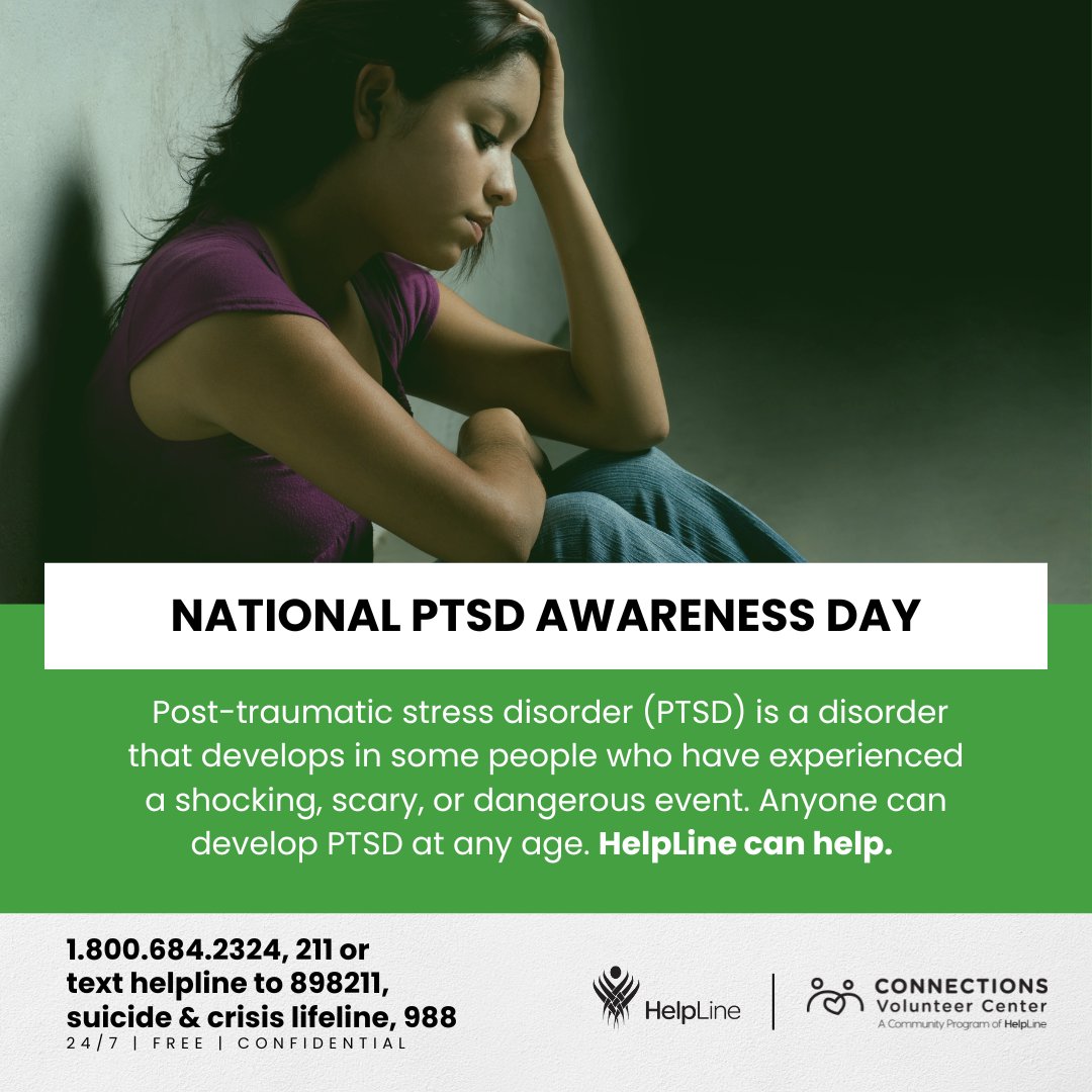 Today is National PTSD Awareness Day. PTSD can develop in anyone at any age. Learn more about PTSD and dispell the myths by visiting, ow.ly/TXLL50Wfqfg and remember HelpLine is is always here to listen, from Hello to Help.