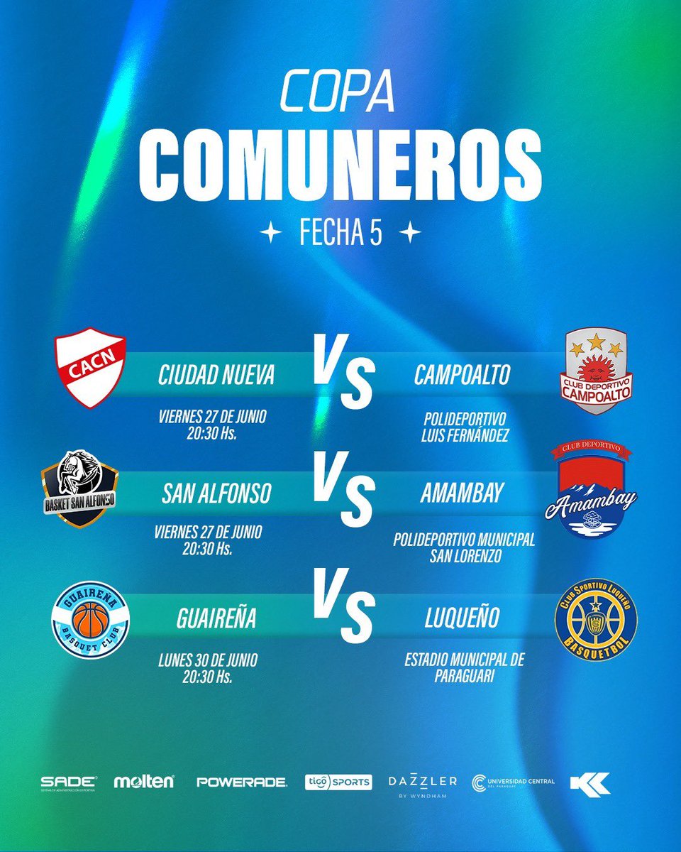cpb_py's tweet image. 🏀 Copa Comuneros –Fecha 5
📆 Viernes 27 de junio – 20:30 h
 Ciudad Nueva vs Campoalto – Polideportivo Luis Fernández
 San Alfonso vs Amambay – Polideportivo Municipal de San Lorenzo
📆 Lunes 30 de junio – 20:30 h
 Guaireña vs Luqueño – Estadio Municipal de Paraguarí