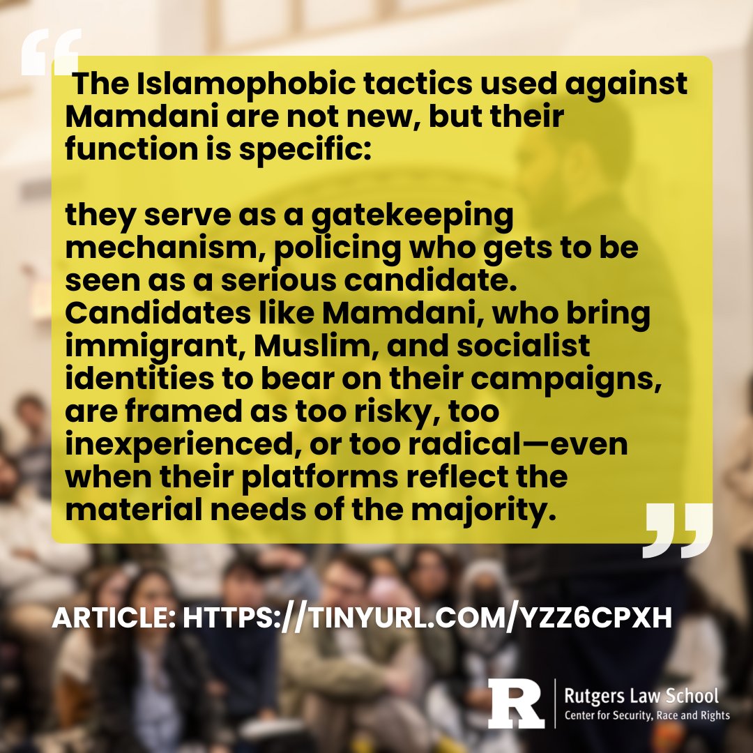 Center for Security, Race and Rights (@rucsrr) on Twitter photo Check out this powerful new piece by faculty affiliate Tazeen Ali, titled "Zohran Mamdani and the Making of a 'Muslim Menace'".
<a href="/tazeenmali/">Tazeen M. Ali</a>
<a href="/ReligPolitics/">Arc Magazine</a>
Link to Full Article: tinyurl.com/yzz6cpxh Check out this powerful new piece by faculty affiliate Tazeen Ali, titled "Zohran Mamdani and the Making of a 'Muslim Menace'".
<a href="/tazeenmali/">Tazeen M. Ali</a>
<a href="/ReligPolitics/">Arc Magazine</a>
Link to Full Article: tinyurl.com/yzz6cpxh