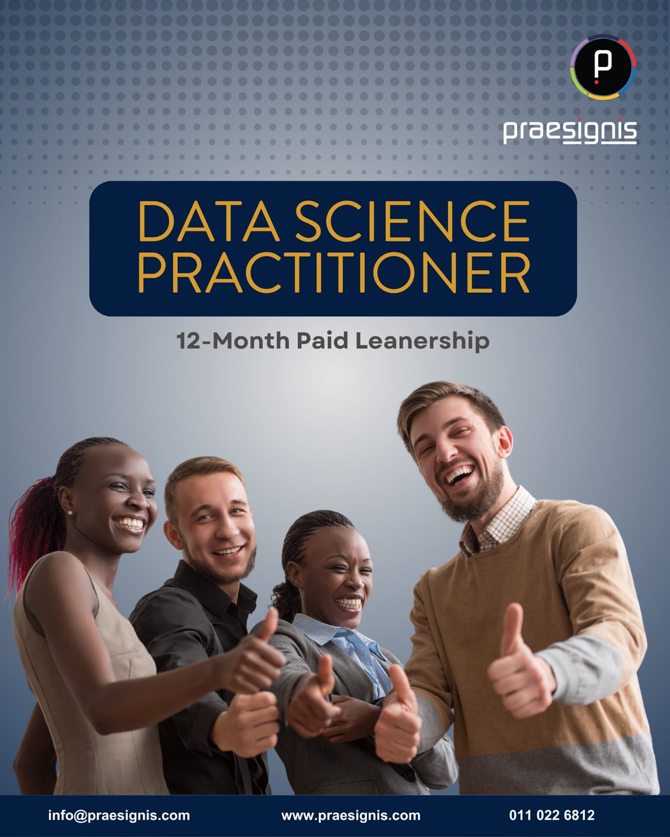 Praesignis is proud to officially launch our Twelve-Month Data Science Practitioner Learnership on 30 June.

Our selected learners are ready to deep-dive into data science, build in-demand skills, and embrace the future of digital work.

#datascience #learnership #praesignis