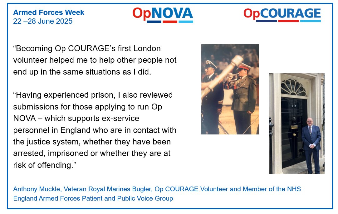 NHSArmedForces's tweet image. Anthony's experience in prison, as a veteran and coping with complex PTSD helped him help others. Find out how #OpNOVA supports veterans in contact with the justice system: forcesemployment.org.uk/programmes/op-… and about #OpCOURAGE: nhs.uk/opcourage #ArmedForcesWeek #PTSDAwarenessDay
