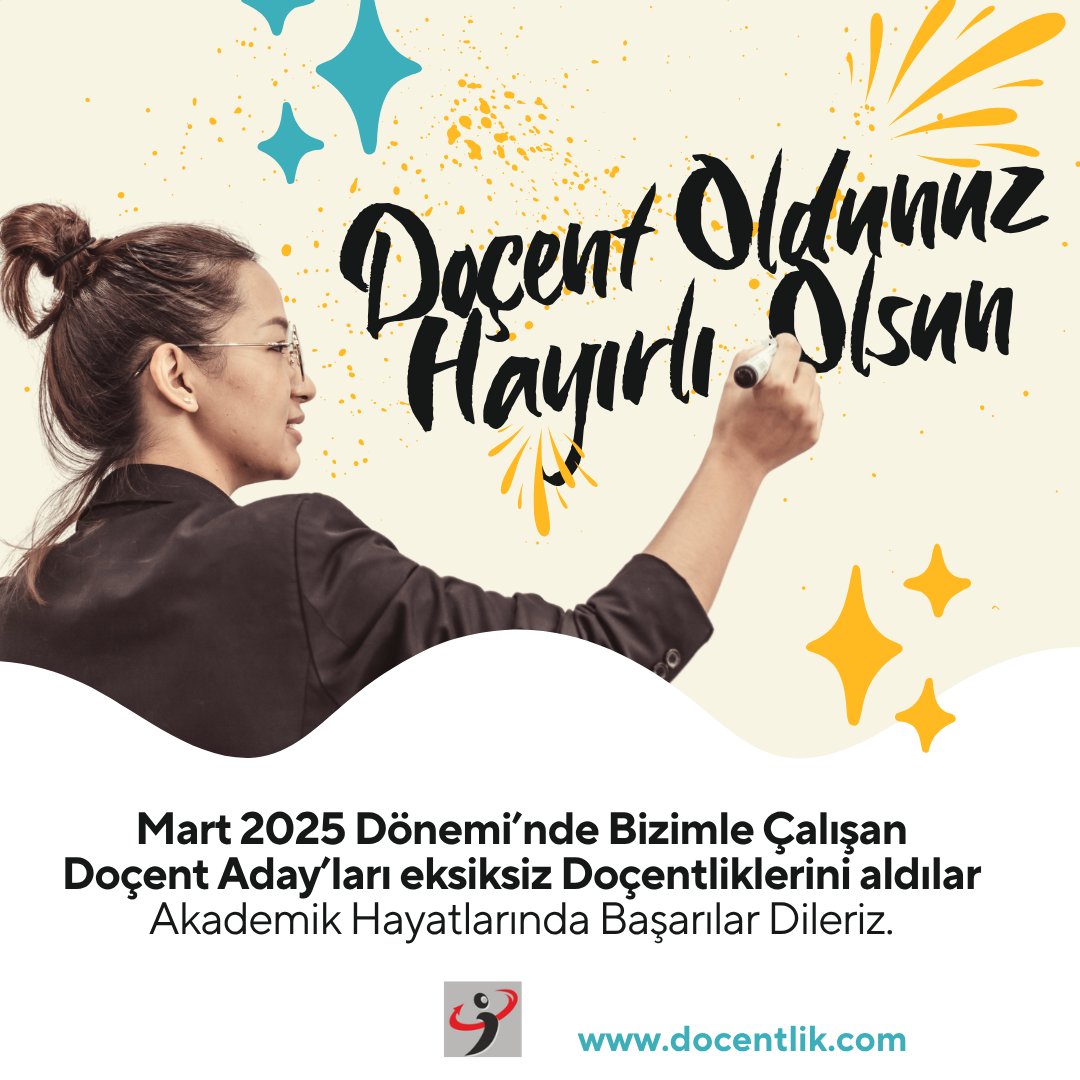 2025 Mart Döneminde çalıştığımız Tüm Doçent adayları bugün Doçentlik Ünvanını aldılar. Hepsine Başarılar Diliyorum
docentlik.com