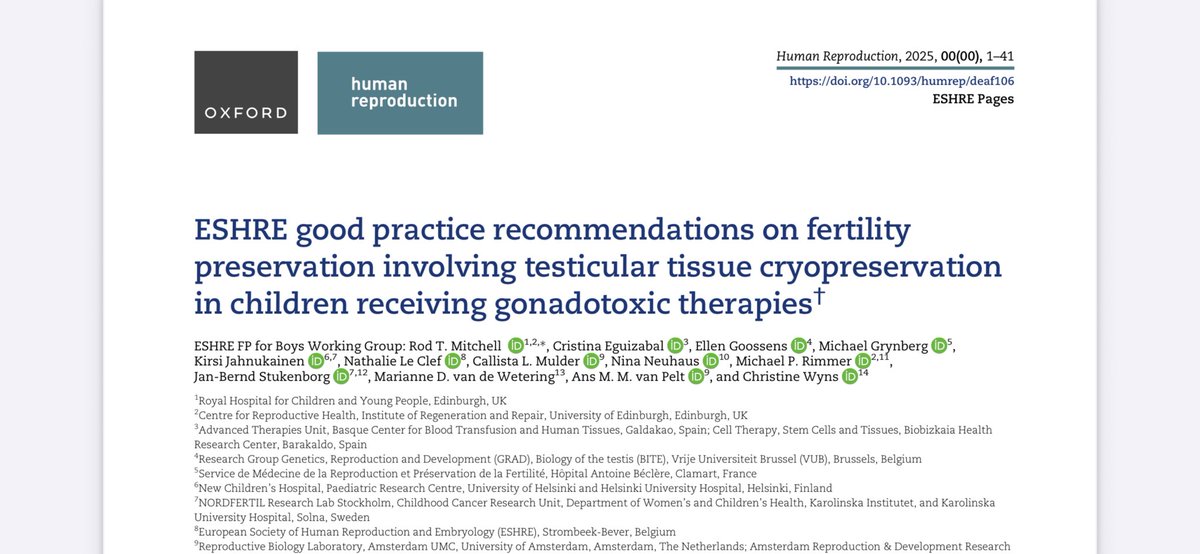 📚ESHRE Good Practice Recommendations on #FertilityPreservation in boys receiving gonadotoxic therapies📚- Open access paper published today &amp; will be presented at #ESHRE2025. #ChildhoodCancer. Thanks to the Working Group for their huge effort 👉 bit.ly/4lr3bOe