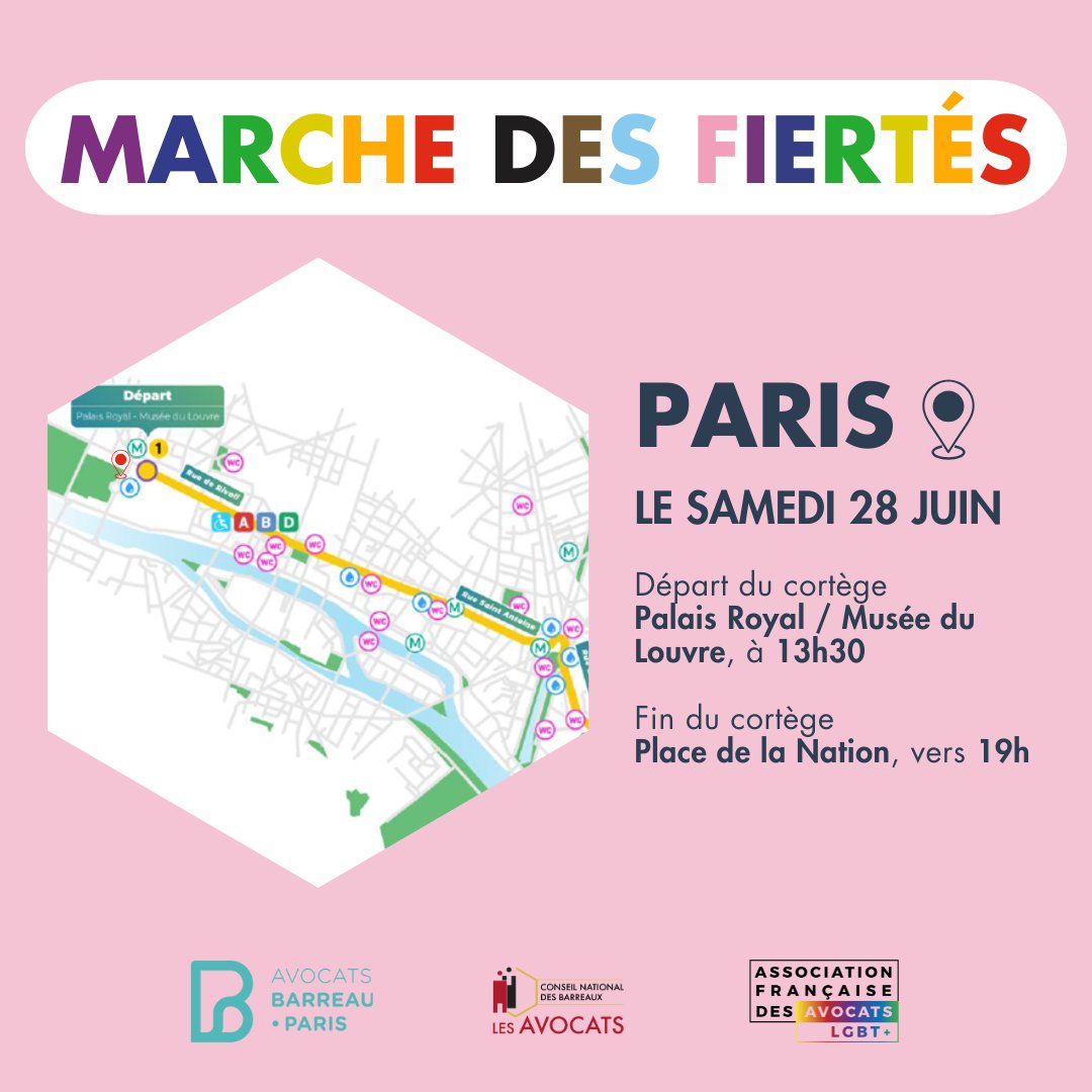 🌈 J-1 avant la #MarcheDesFiertés !   
Demain, le #CNB marchera aux côtés de la profession pour affirmer haut et fort les droits de toutes et tous.  

📍 Rendez-vous dès 13h30, au départ du cortège Palais Royal / Musée du Louvre
👀 Le char de la profession sera en position 66 
🎉