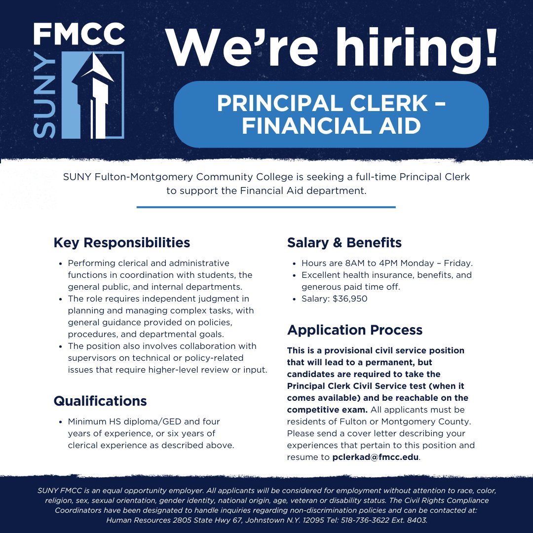SUNY Fulton-Montgomery Community College (@suny_fmcc) on Twitter photo We're hiring! #SUNYFMCC is searching for an experienced Principal Clerk to join our Financial Aid team. To apply, send your resume and cover letter to pclerkad@fmcc.edu. We're hiring! #SUNYFMCC is searching for an experienced Principal Clerk to join our Financial Aid team. To apply, send your resume and cover letter to pclerkad@fmcc.edu.