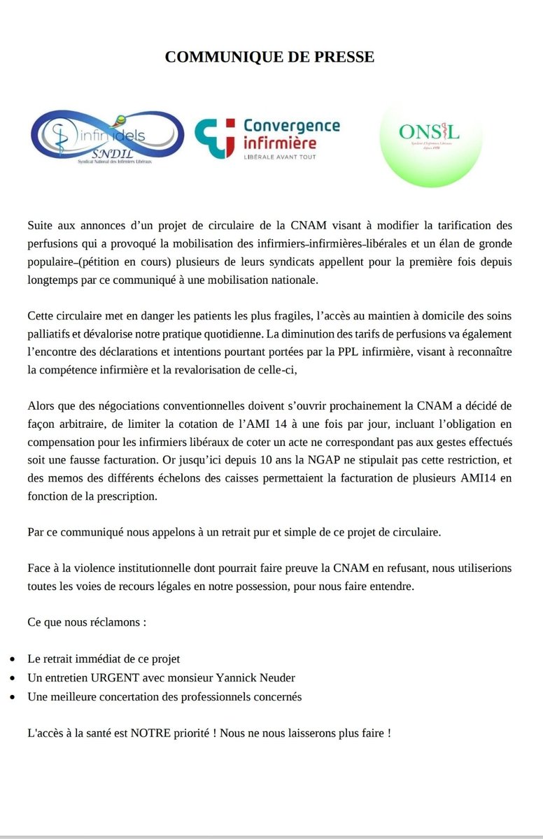 tislaetis's tweet photo. Face à la casse programmée des soins à domicile, la riposte s'organise.

Communiqué de presse du 27 juin 2025

Un projet de circulaire de la CNAM menace de limiter drastiquement la facturation des perfusions, au détriment des patients les plus fragiles et de la pratique infirmière.
Pour la première fois depuis longtemps, des professionnels de santé de tous horizons s’unissent et appellent à une mobilisation nationale.

Trop, c’est trop :

Non à la restriction arbitraire des actes prescrits

Non à la dévalorisation des actes et l'interprétation 

Ce que nous demandons:

Le retrait immédiat du projet

Un rendez-vous d’urgence avec Monsieur Yannick Neuder.

Le respect des soignants et de leurs missions.

 L’accès aux soins n’est pas négociable. Nous ne plierons plus.

Ensemble @SyndicatONSIL
@ConvergenceInf @infinidels @sedatif @medecinpourdemain @OuichouSaid @Idelencolere @ACCDMasso @LaureArtru @infirmierSNPI @La_FNESI @maisondelinfirmiere
@humanya @ThierryAmouroux
@infirmierscom @topsanteuk @FranceTV @BFMTV @ThomasFatome @Eric_R_Lombard
@MCazeneuve @CasanovaGaetan @bayrou @yannickneuder @fredvalletoux @CaVautrin @EmmanuelMacron @Sante_Gouv @gouvernementFR @ASRomagny
@JeanSOL__ @sy_berrios
@MichelHerbillon #cnam #mepris #STOP #idel #infirmiersliberaux #ngap #petition #professionnelsdesante #perfusion #cotation #abus