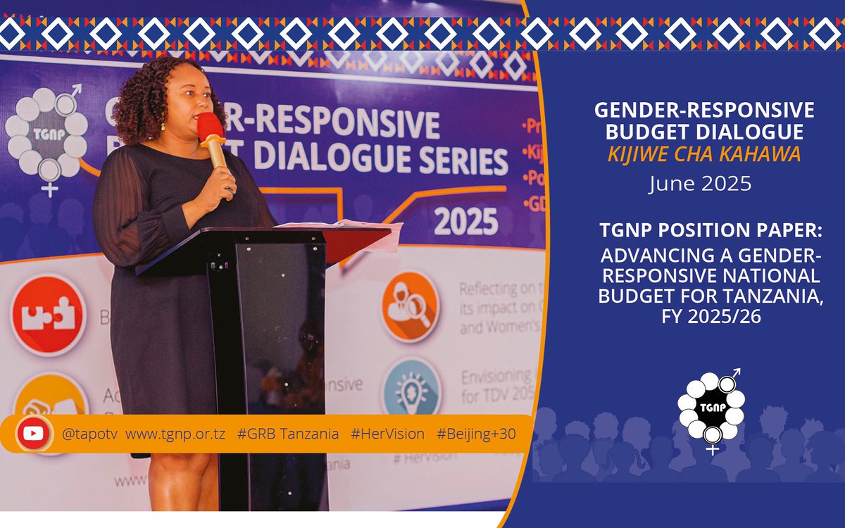 TGNP (@tgnptz) on Twitter photo 💡 Want to see how Tanzania’s Budget impacts Women, Youth & Marginalized groups?
📑 TGNP’s 2025/26 Position Paper is OUT!
âś… Key findings
âś… Gender Responsive solutions
âś… Advocacy roadmap
🔗 Access here: tgnp.or.tz/gender-respons…
<a href="/IrlEmbTanzania/">Irish Embassy Dar</a> <a href="/unwomentanzania/">UN Women Tanzania</a> <a href="/UNFPATanzania/">UNFPA Tanzania</a> 💡 Want to see how Tanzania’s Budget impacts Women, Youth & Marginalized groups?
📑 TGNP’s 2025/26 Position Paper is OUT!
âś… Key findings
âś… Gender Responsive solutions
âś… Advocacy roadmap
🔗 Access here: tgnp.or.tz/gender-respons…
<a href="/IrlEmbTanzania/">Irish Embassy Dar</a> <a href="/unwomentanzania/">UN Women Tanzania</a> <a href="/UNFPATanzania/">UNFPA Tanzania</a>