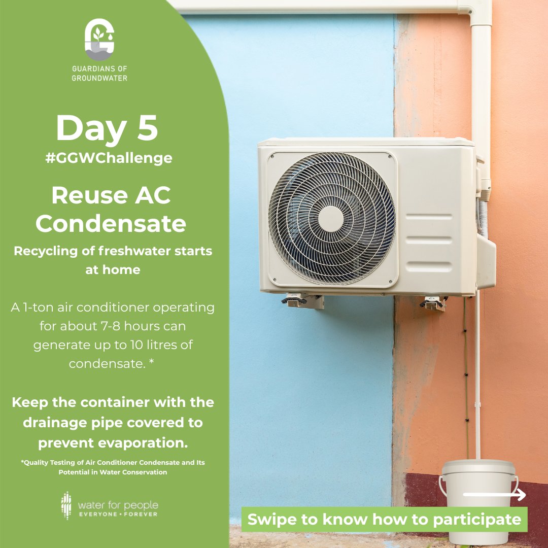 Water4People_IN's tweet photo. It's Day 5 of our #GGWChallenge!
Freshwater reserves are reducing, so it’s crucial to reuse water at home. Collecting and repurposing the clean condensate from your AC is one way to do that. Become #GuardiansofGroundwater
@jaljeevan_ @DoWRRDGR_MoJS @bgtwoot @CGWB_CHQ @VivekSharan https://t.co/tWH7Wf1fbm